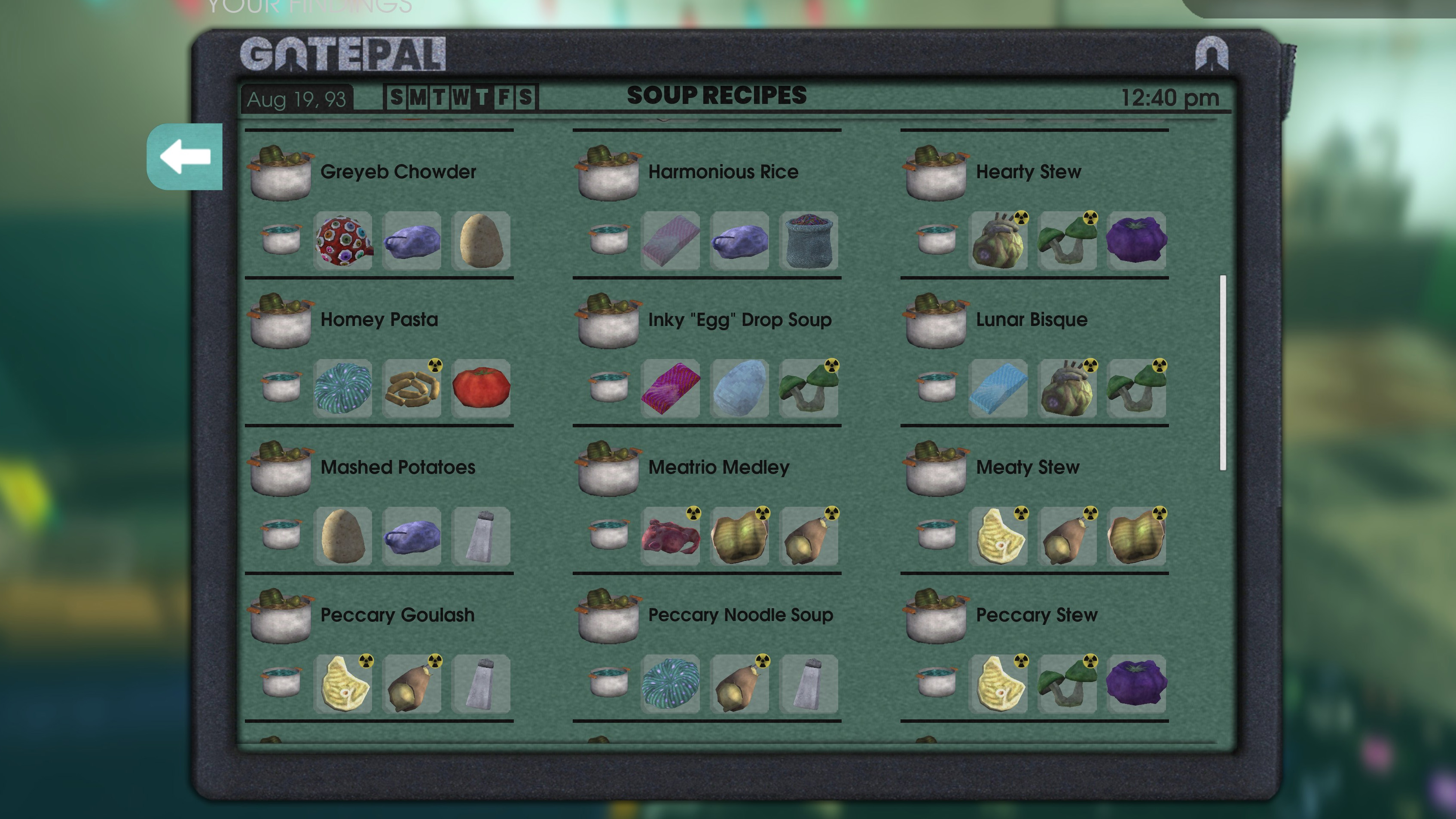 The Soup recipe UI in Abiotic Factor showing one page of a complete soup list.