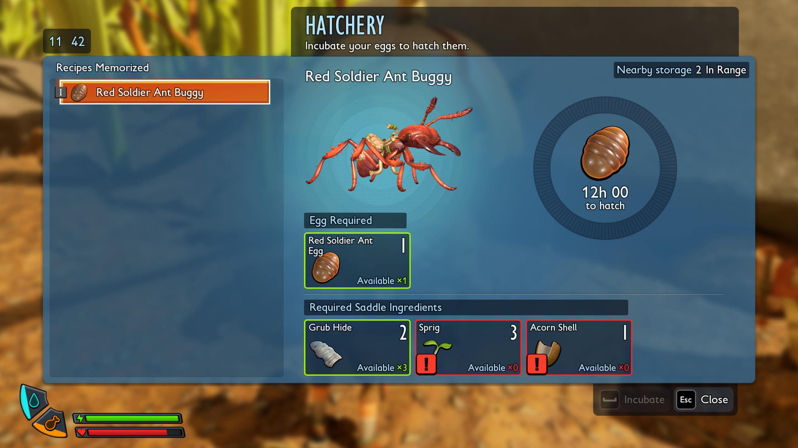 Grounded 2 Buggies: The red soldier ant egg in the hatchery interface.