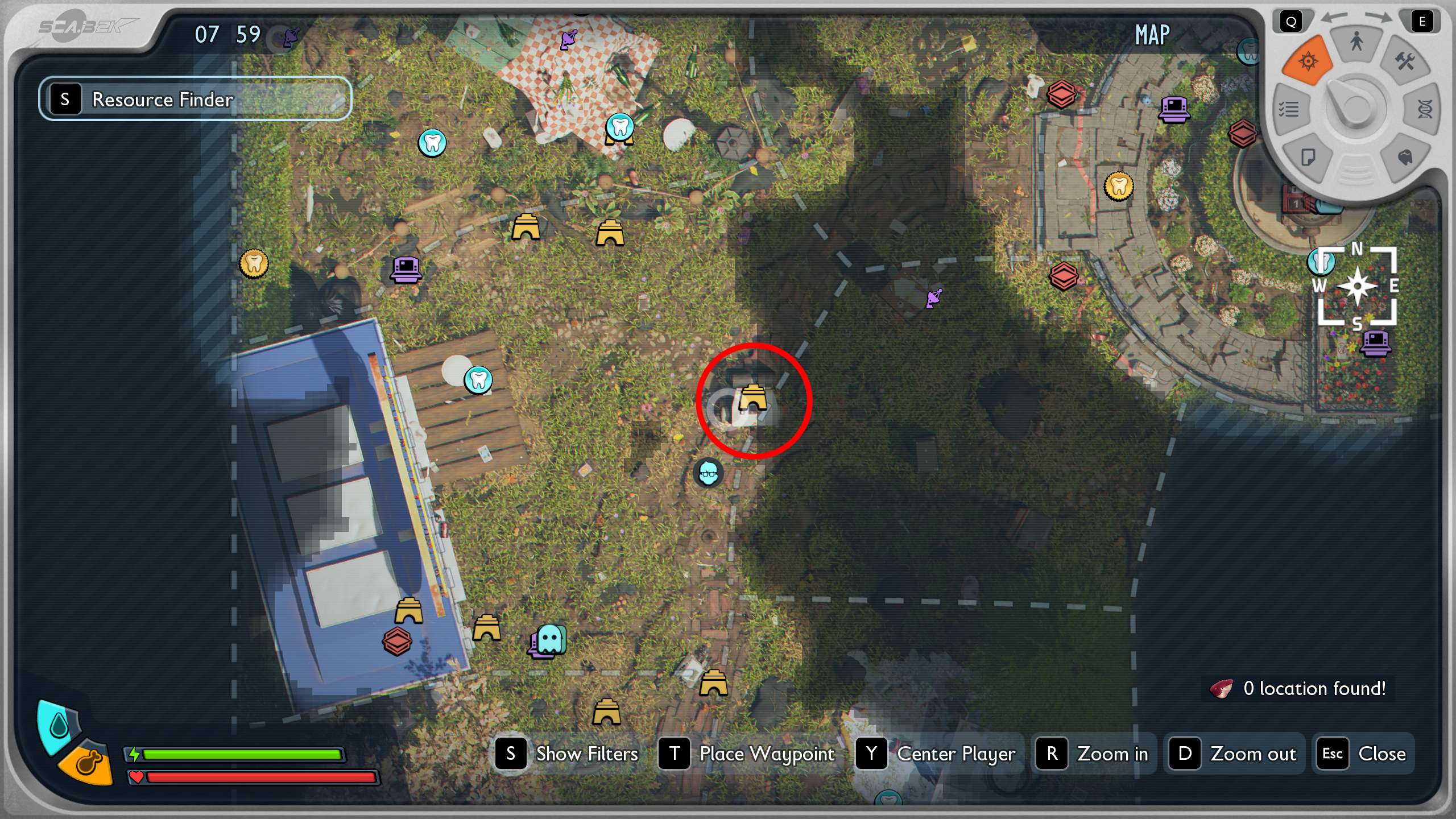 Grounded 2 Buggies: A map showing the location of orb weaver eggs under the Headless BURG.L point of interest in the middle of the park.