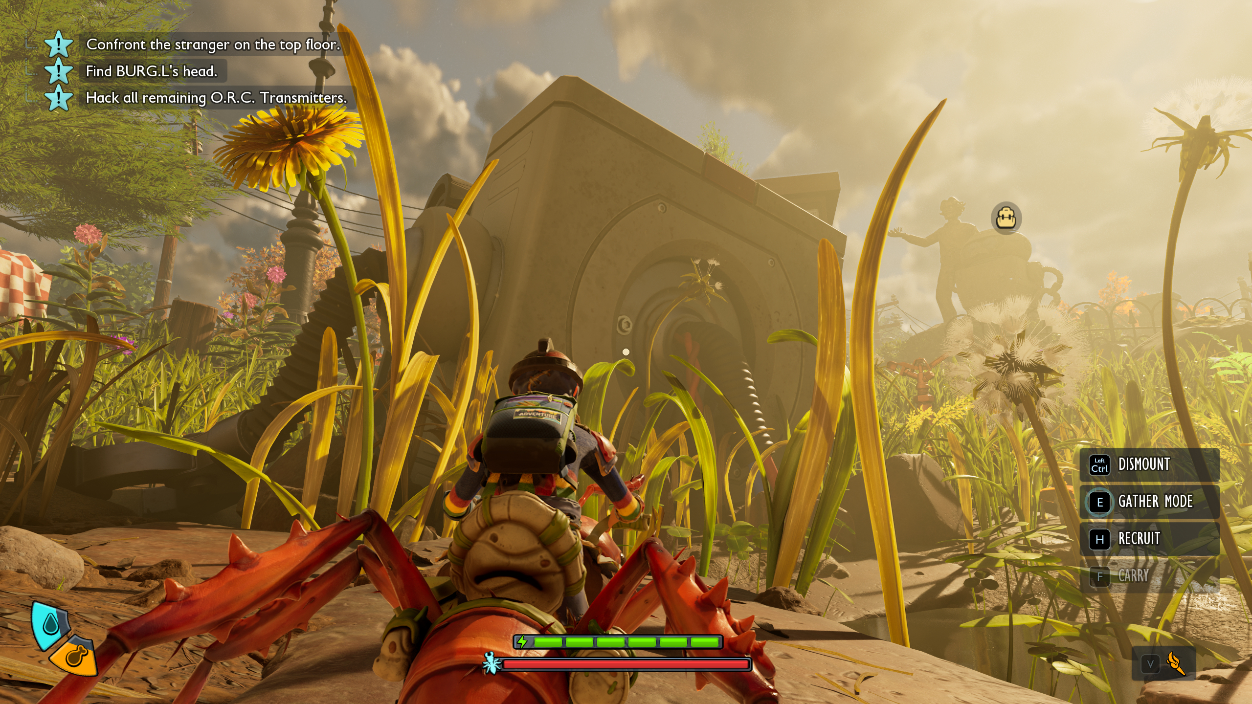 Grounded 2 Buggies: A character riding a red soldier ant looking at the Headless BURG.L location in the grass ahead of them.