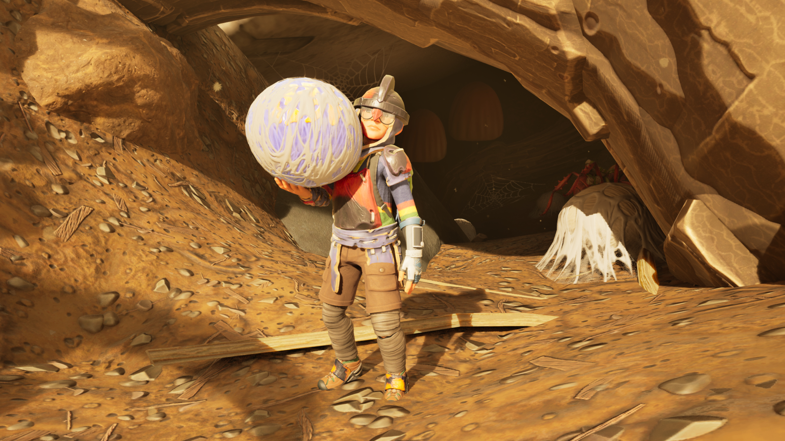 Grounded 2 Buggies: A character holding an orb weaver egg in their right hand, standing outside a spider nest.
