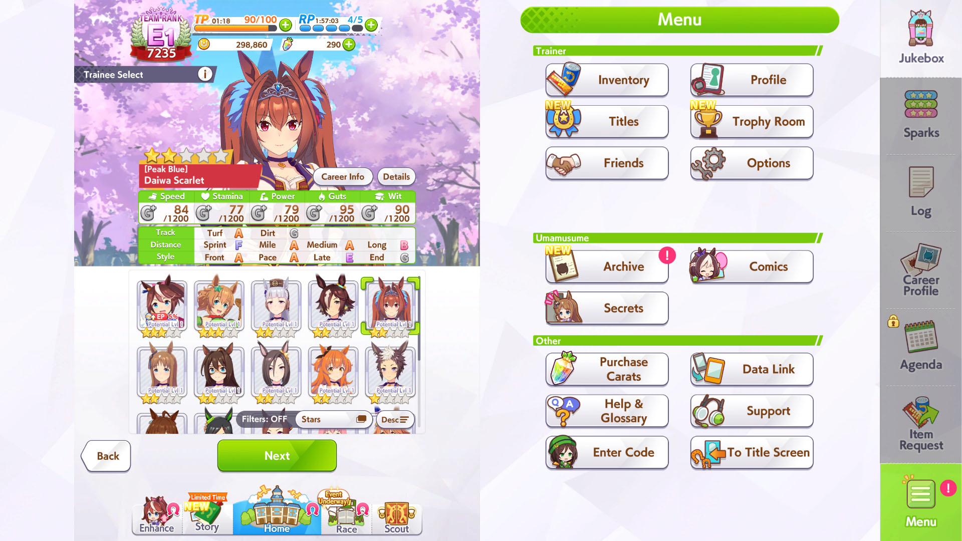 An Umamusume Pretty Derby screenshot showing the meny and the list of treinee characters An Umamusume Pretty Derby screenshot showing the meny and the list of treinee characters