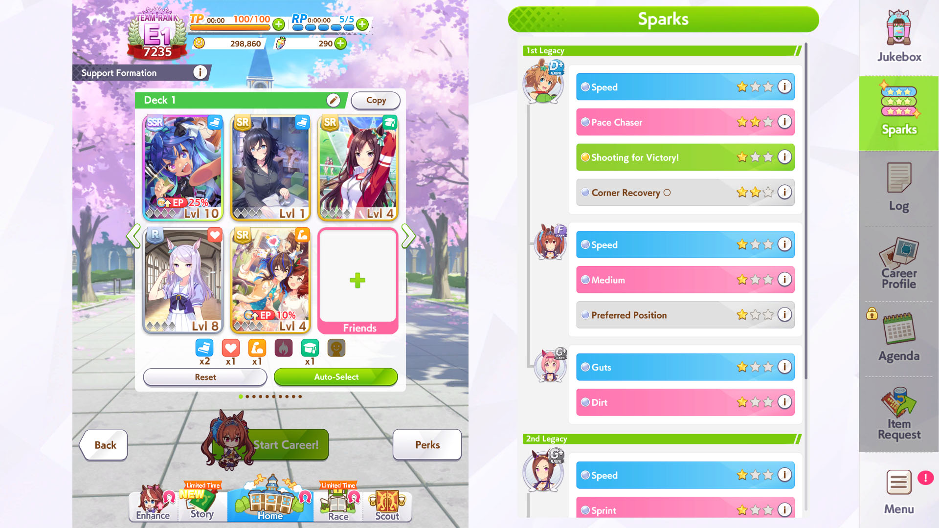 An Umamusume Pretty Derby screenshot showing a support cards deck. An Umamusume Pretty Derby screenshot showing a support cards deck.