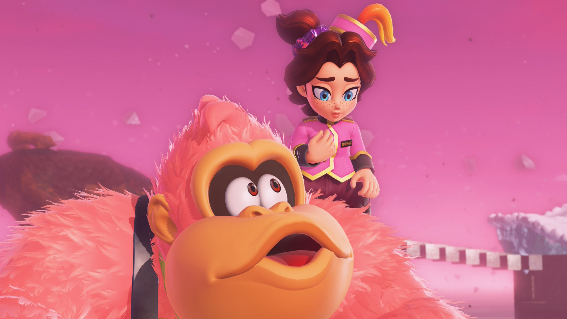 A Donkey Kong Bananza screenshot showing DK looking at Pauline on this should who looks a bit lost in her thoughts.