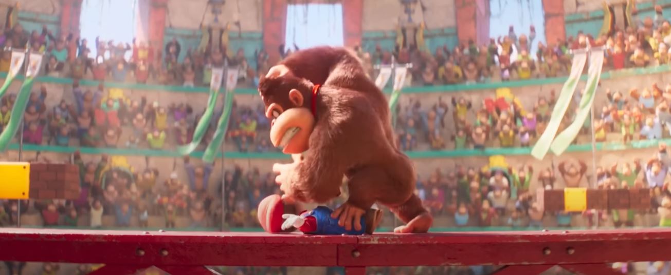 Donkey Kong in the Super Mario movie pummels the plumber with his fists. Donkey Kong in the Super Mario movie pummels the plumber with his fists.