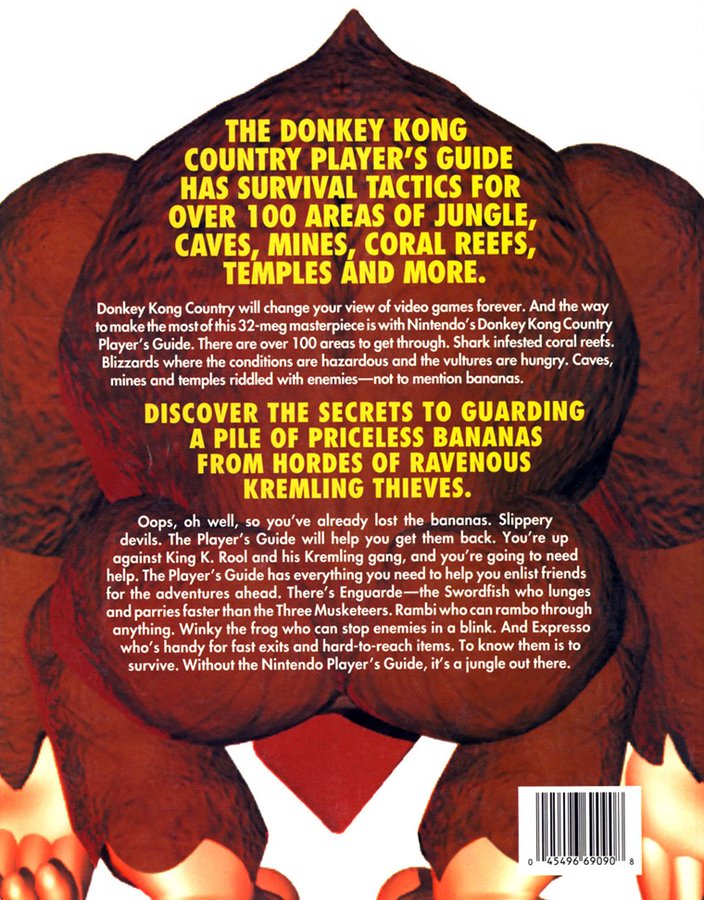 The back of a player guide for a Donkey Kong game back in the 90s, which prominently displays DK’s butt. The back of a player guide for a Donkey Kong game back in the 90s, which prominently displays DK’s butt.