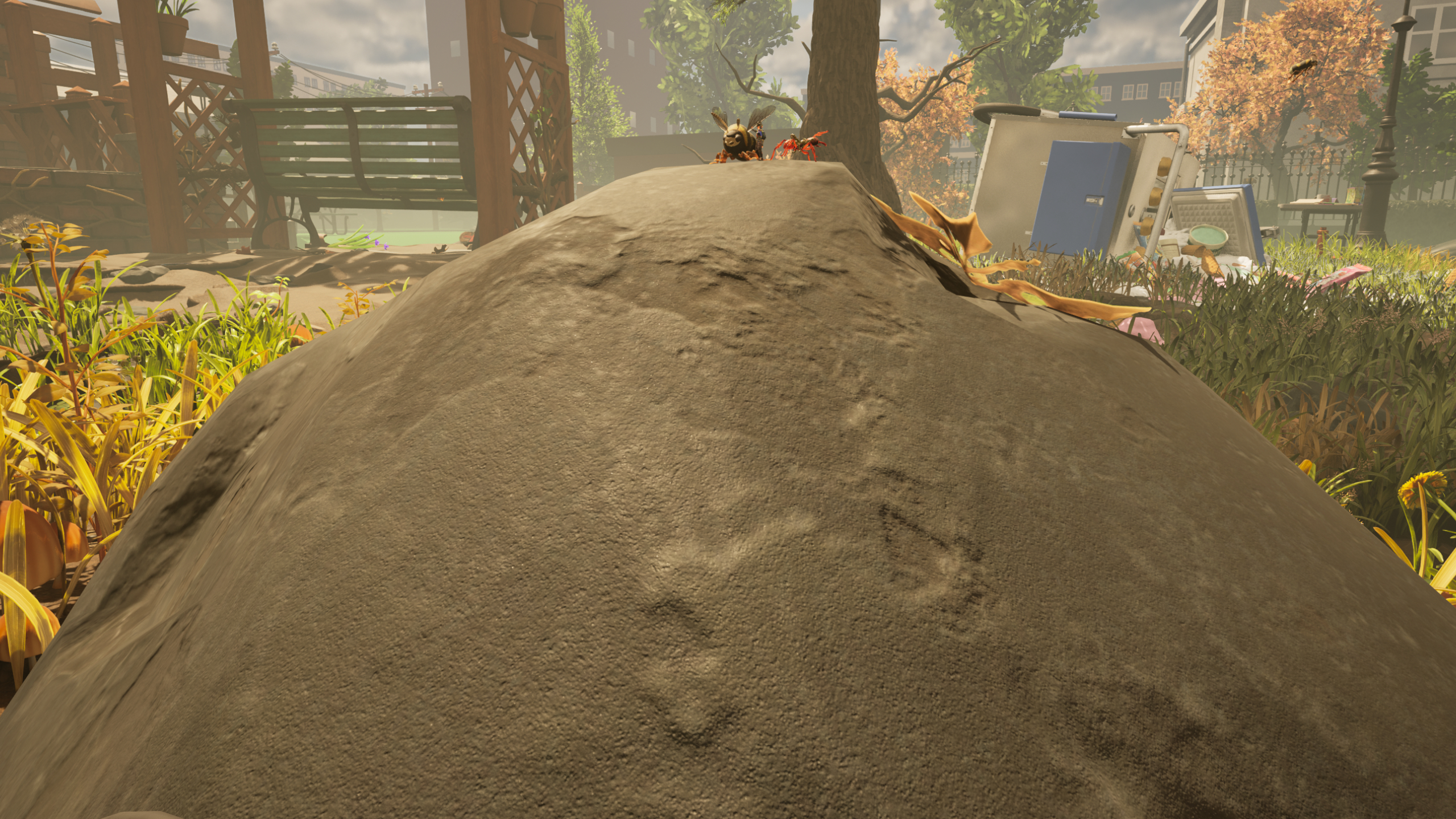 Best Grounded 2 base locations: A scenic shot of a large rock in the garden, with a bee, an ant, and a player character at the top.