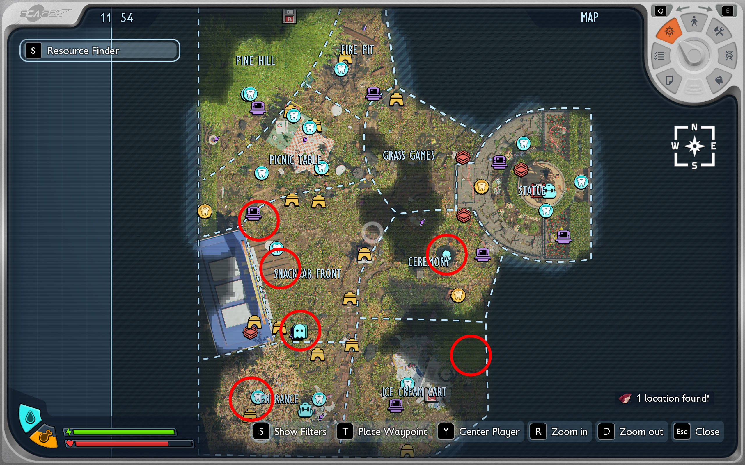 Best Grounded 2 base locations: A map with red circles highlighting six different locations great for building bases.
