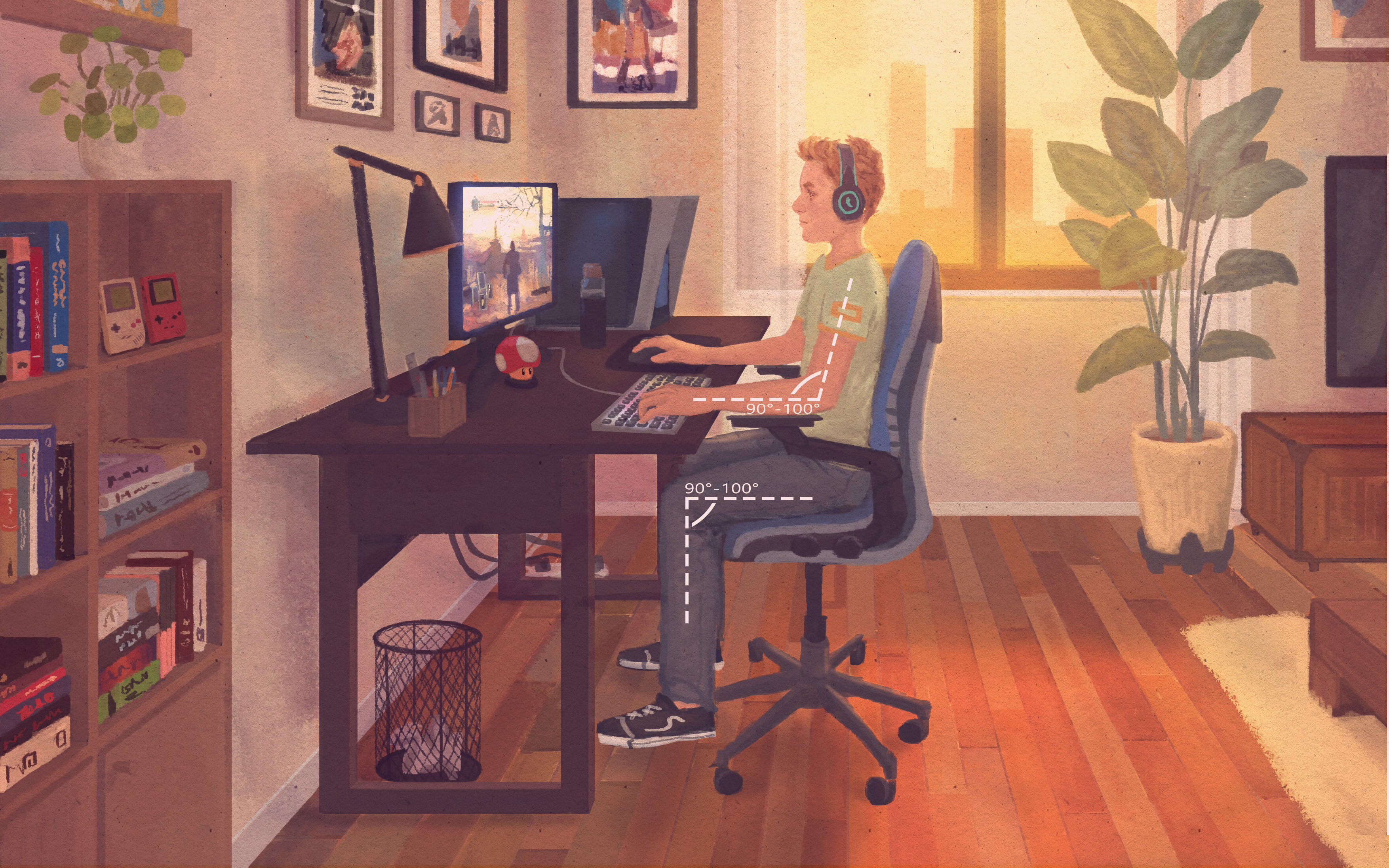 Illustration of someone sitting at a desk with angles drawn in around the elbow and knee joints