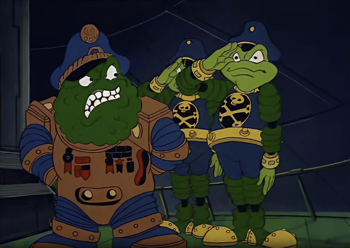 Frix and Frax salute Air Marshal who glowers at them in Bucky O’Hare and the Toad Wars!