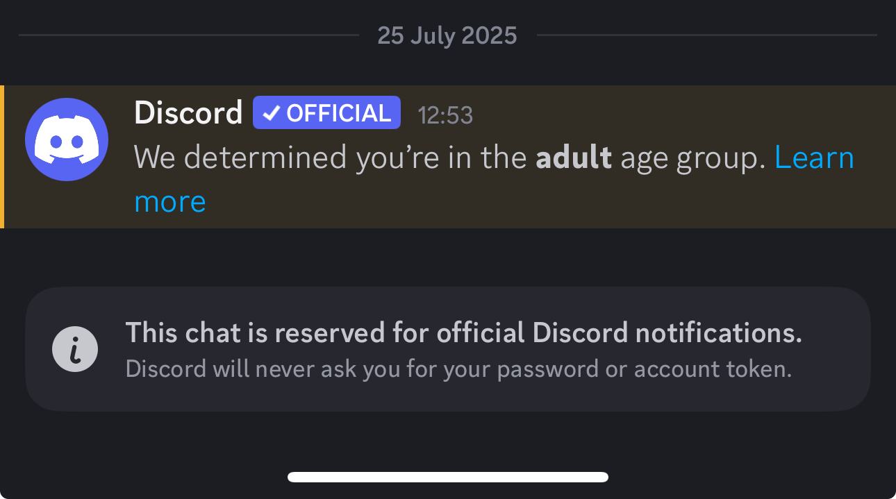 A successful age verification response in Discord chat