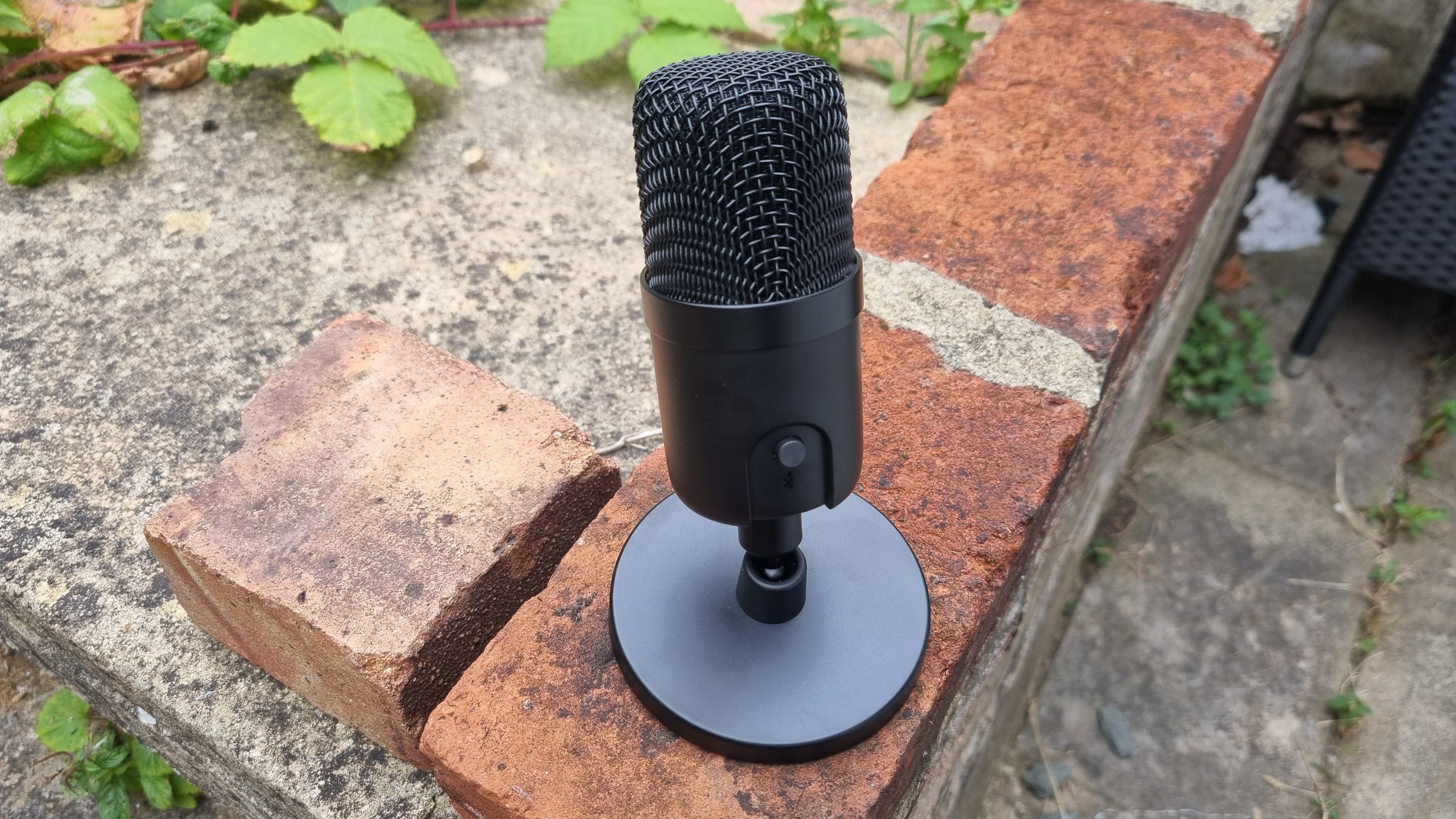 The Amazon Basics USB Condenser microphone, artfully placed on a wall in an un-weeded garden