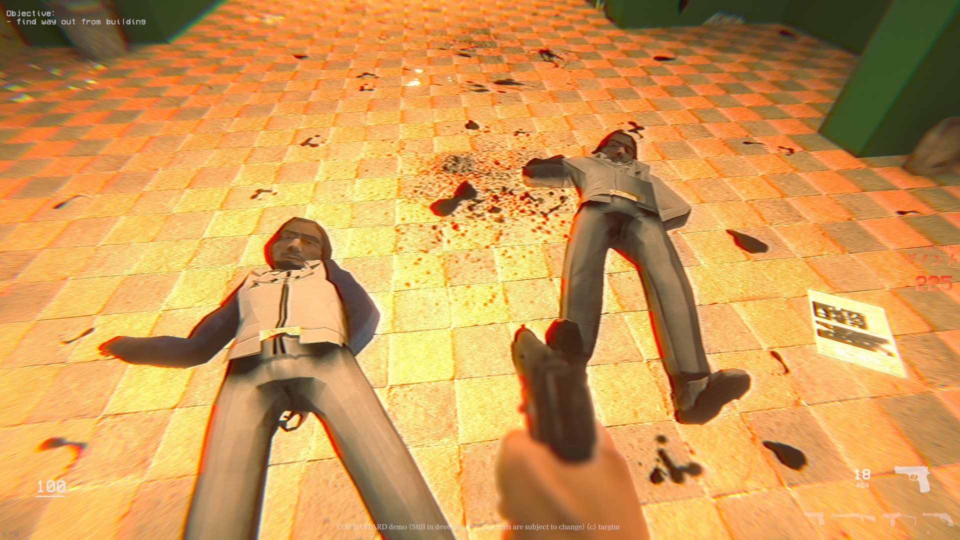 Two dead enemies lying on the floor in COP BASTARD.