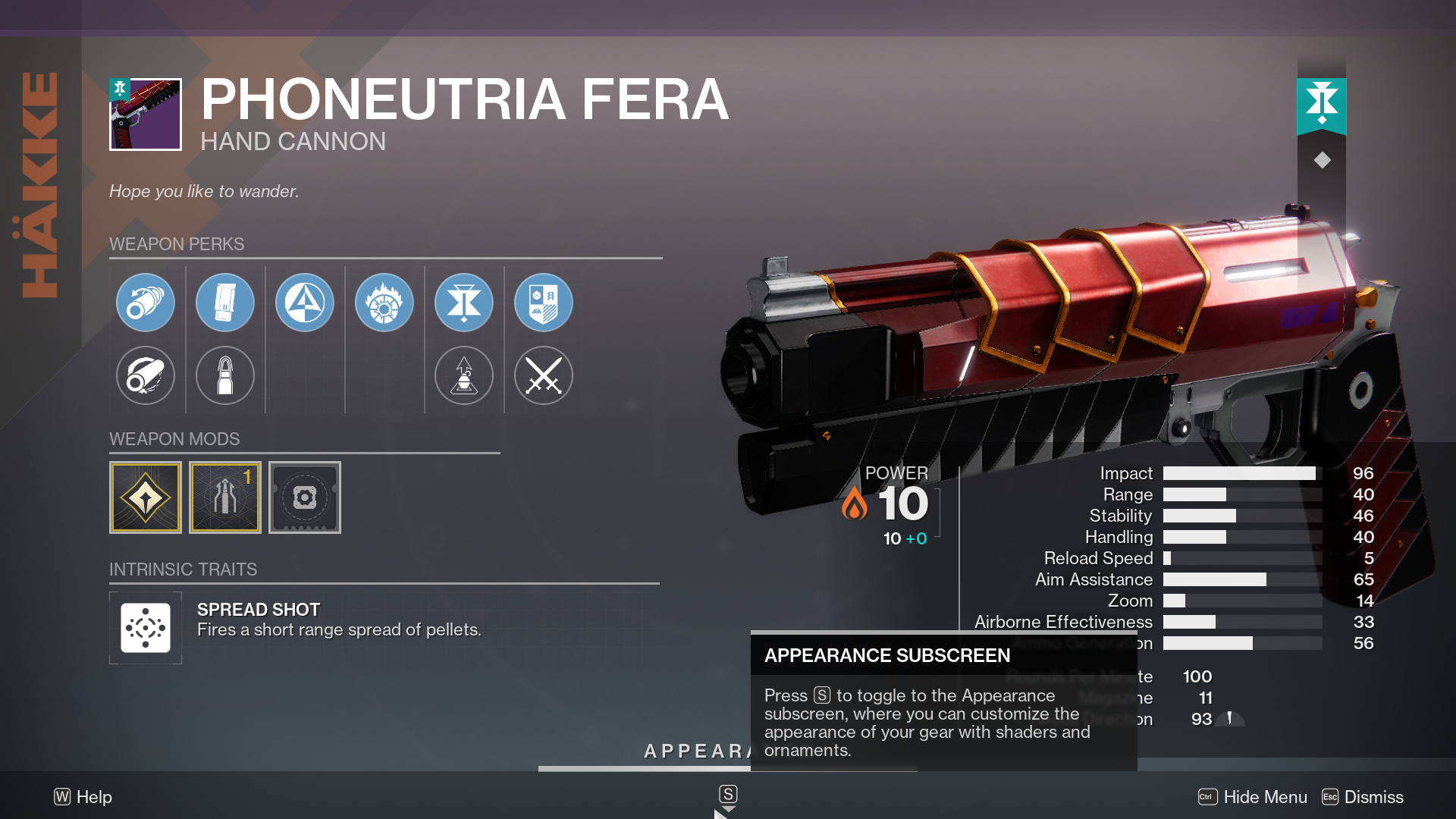 Destiny 2 Phoneutria Fera god roll: The Phoneutria Fera hand cannon inspected in the inventory screen, showing its various perks.
