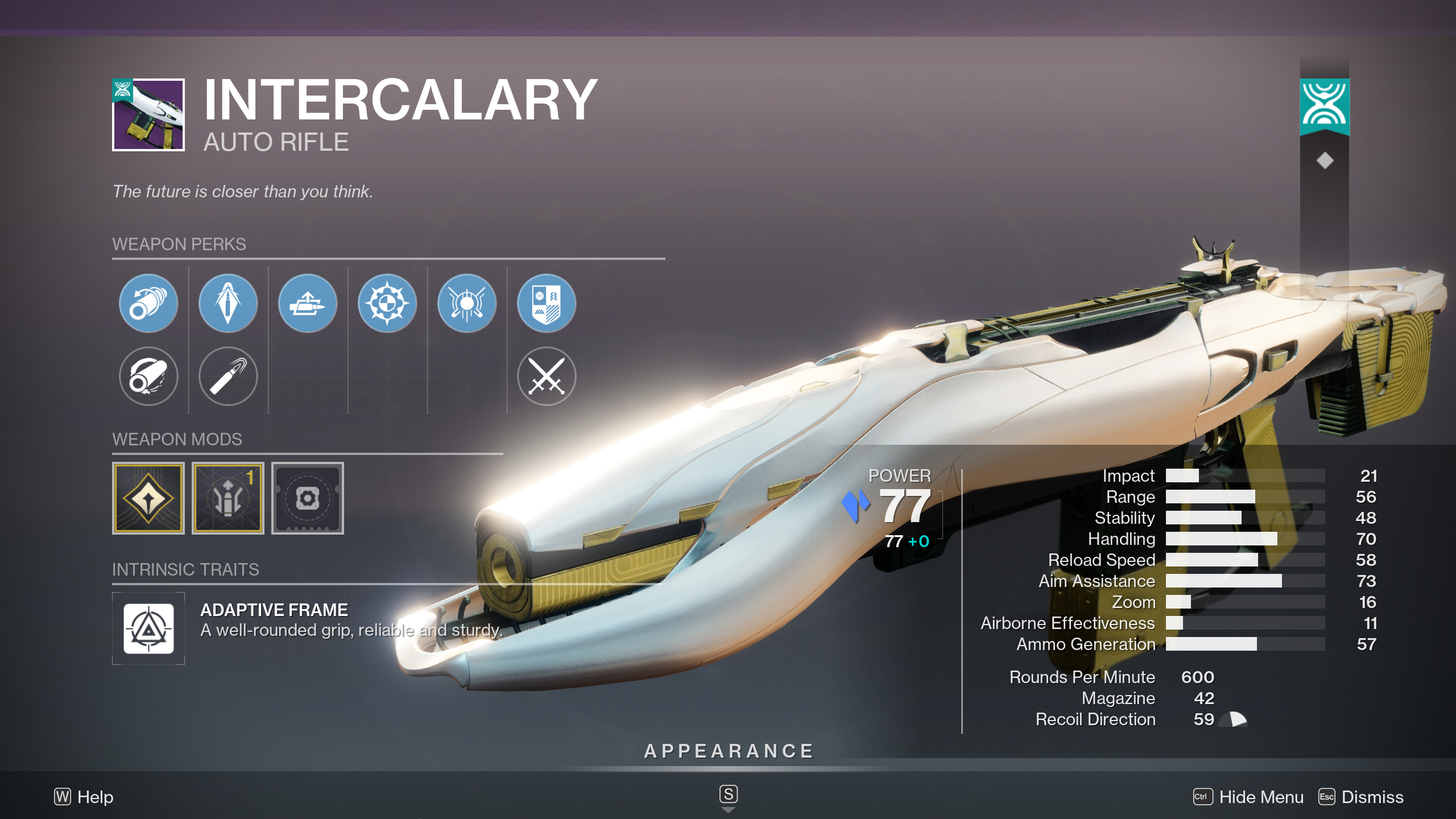 Destiny 2 The Desert Perpetual raid loot table: The Intercalary auto rifle in the inspection screen, showing its perks and stats.