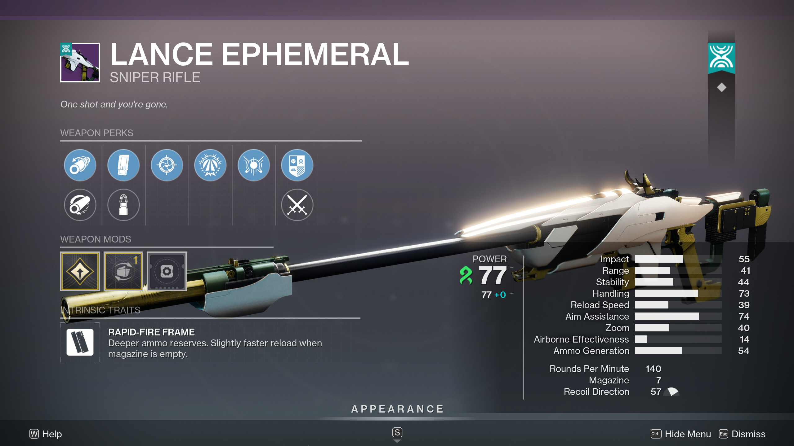 Destiny 2 The Desert Perpetual raid loot table: The Lance Ephemeral sniper rifle in the inspection screen, showing its perks and stats.