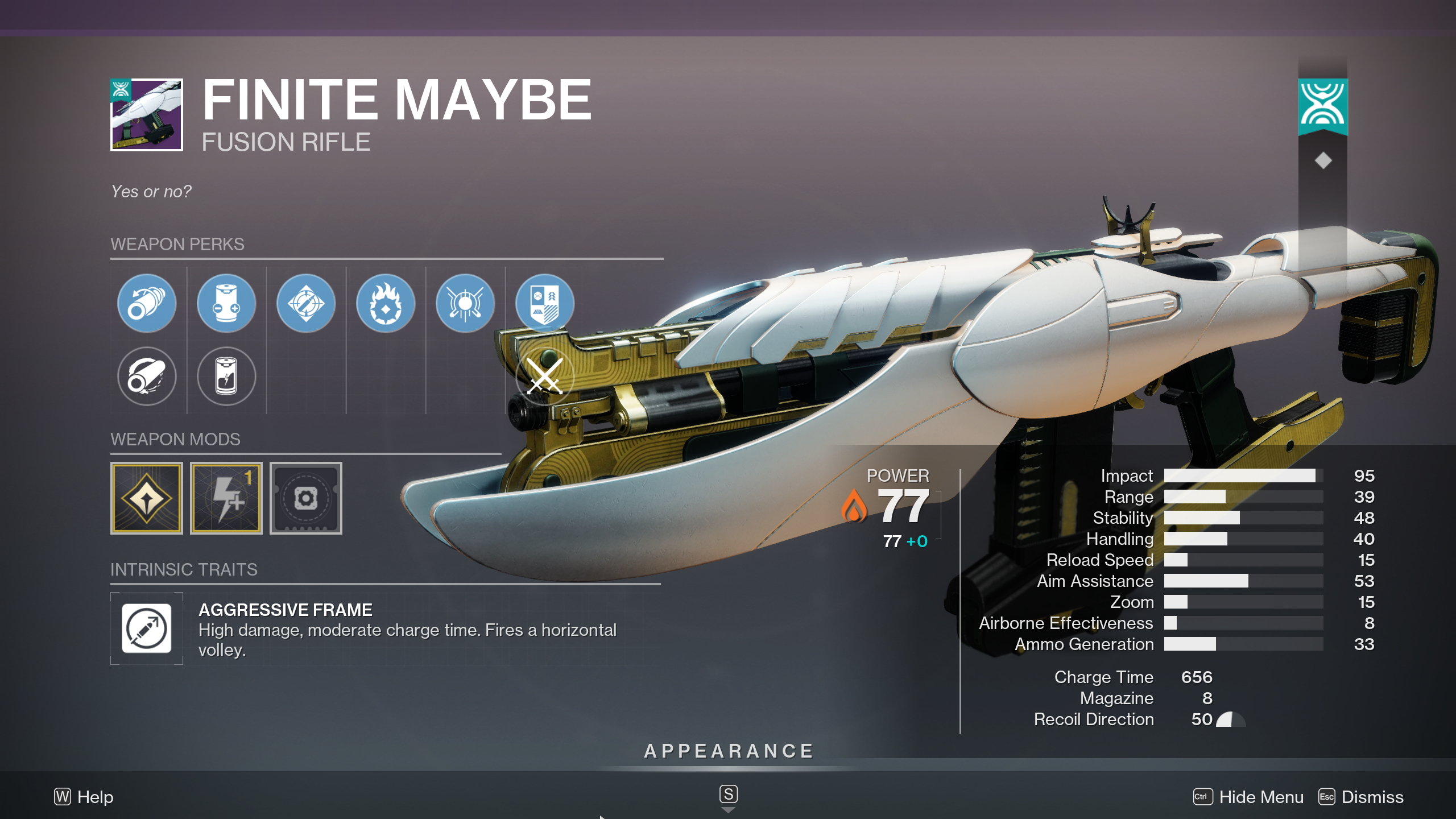 Destiny 2 The Desert Perpetual raid loot table: The Finite Maybe fusion rifle in the inspection tab, showing its perks and stats.