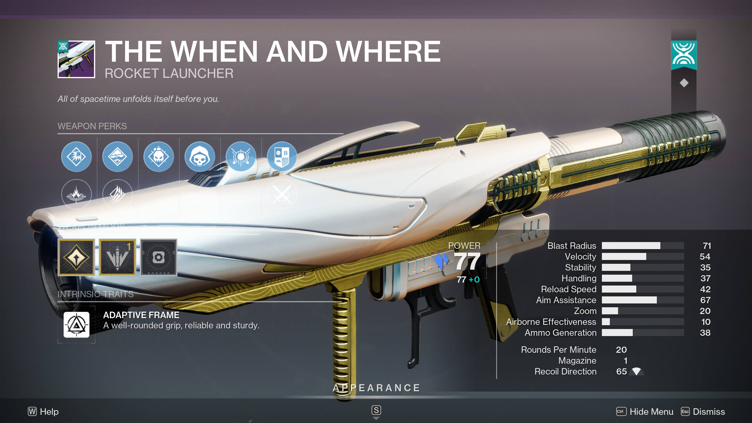 Destiny 2 The Desert Perpetual raid loot table: The When and Where rocket launcher in the inspection menu, showing the weapon's perks and stats.