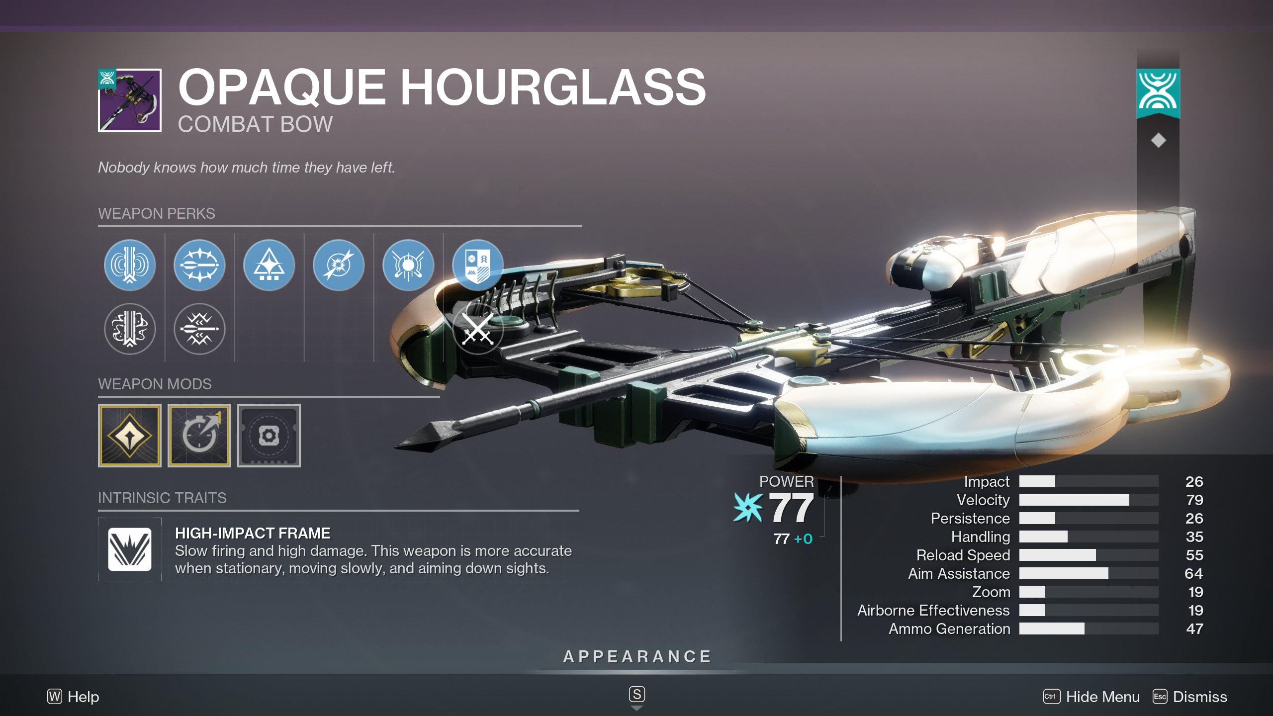 Destiny 2 The Desert Perpetual raid loot table: The Opaque Hourglass combat bow (crossbow) in the inspection screen, showing its perks and stats.