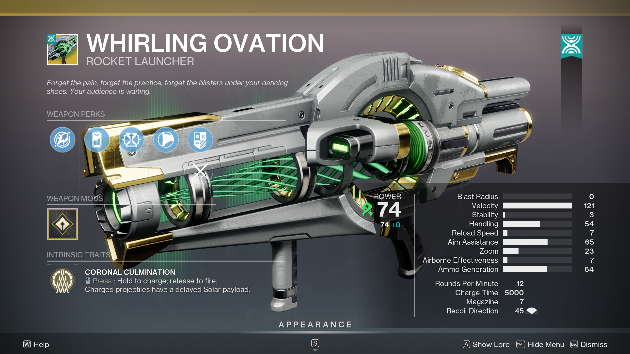 Destiny 2 The Desert Perpetual raid loot table: The Whirling Ovation exotic rocket launcher in the inspection screen.