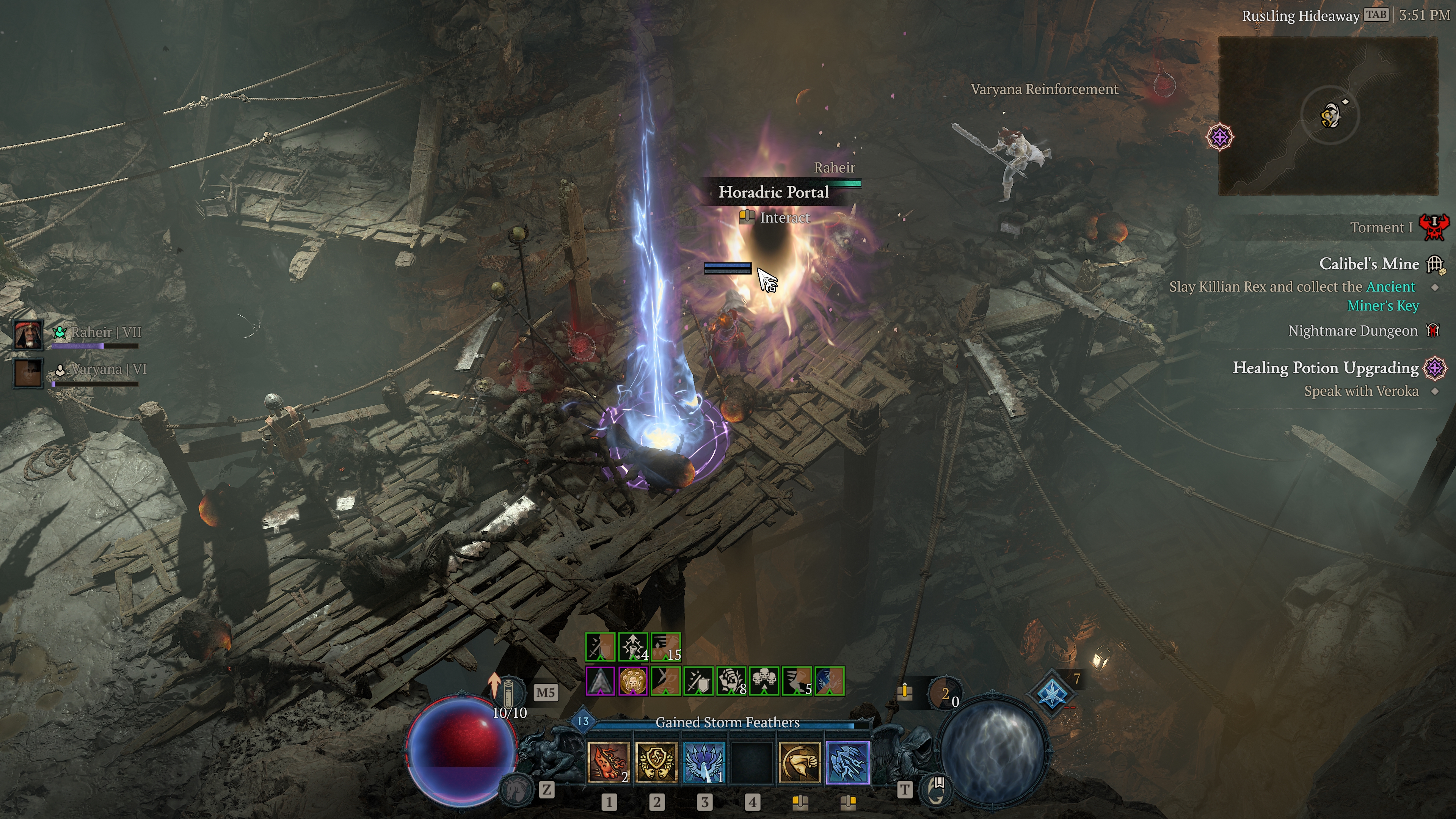 A Diablo 4 player stands before a Horadric Portal in a dungeon during season 9