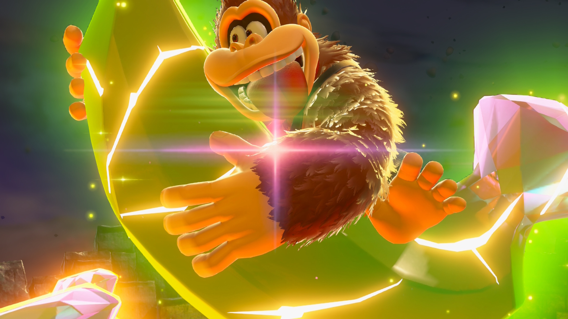 Donkey Kong holding onto a giant Banandium Gem in Donkey Kong Bananza