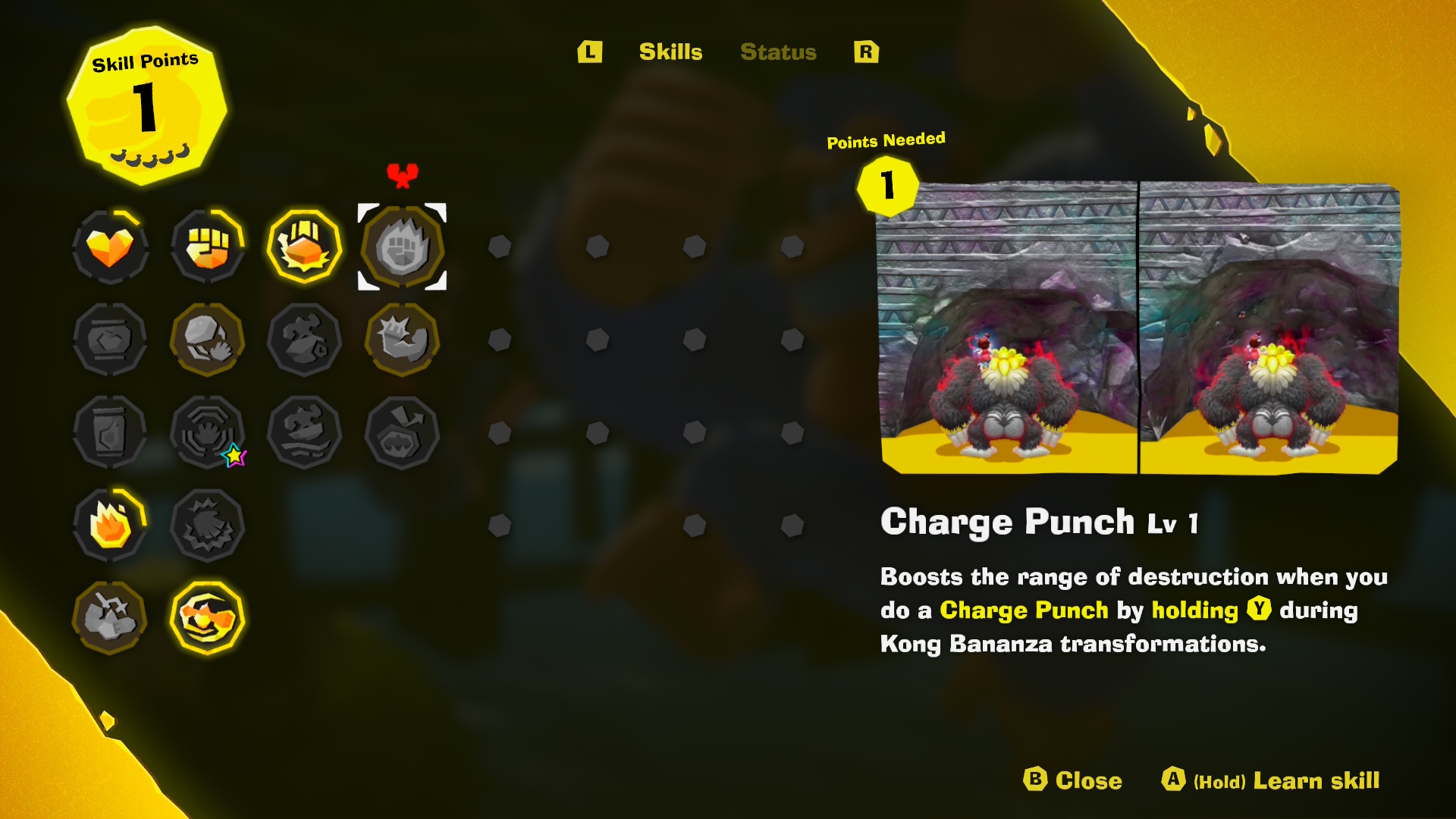 The Kong Bananza skill list in Donkey Kong Bananza