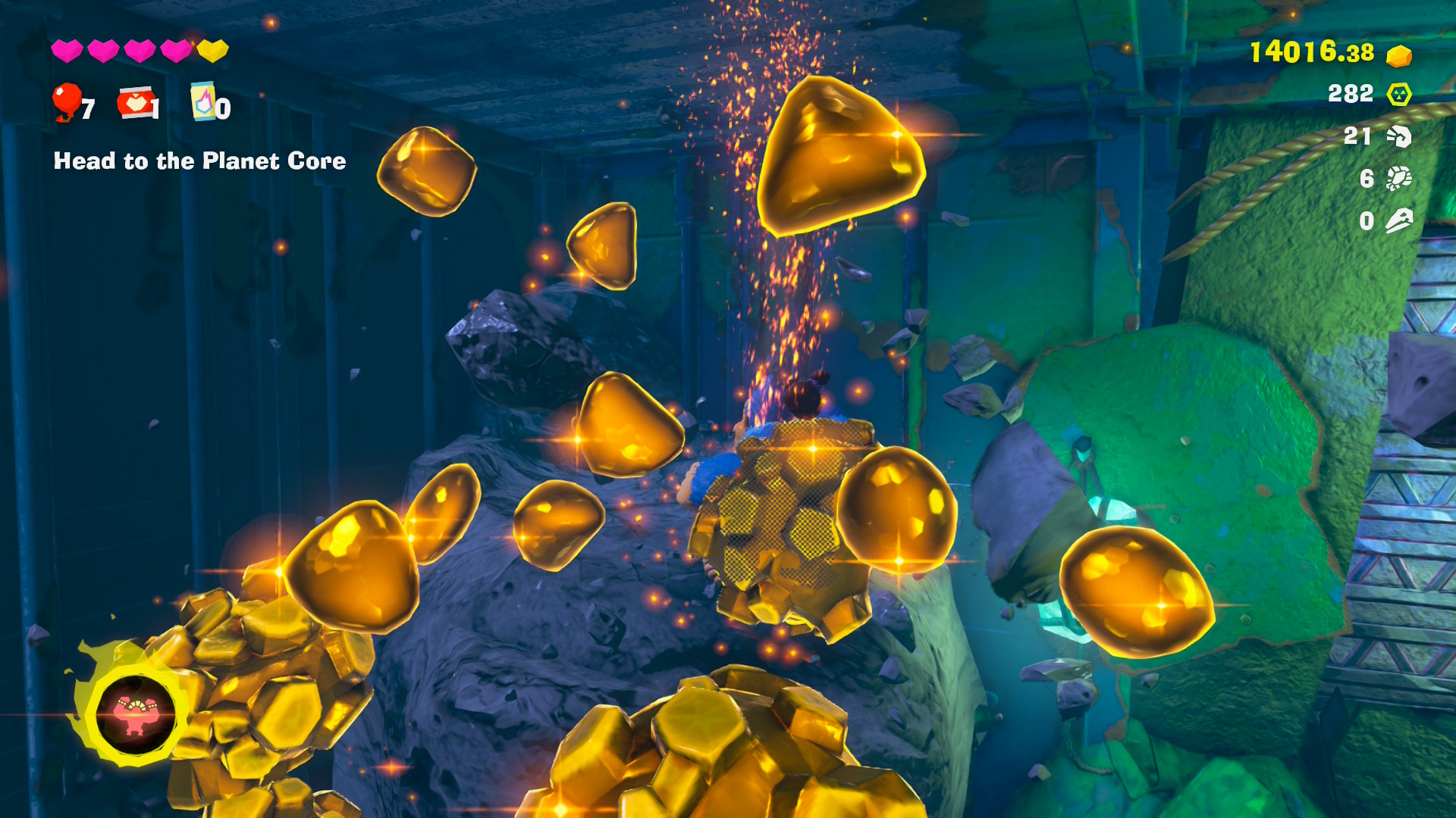 Large and small golden chunks flying through the air in Donkey Kong Bananza Large and small golden chunks flying through the air in Donkey Kong Bananza