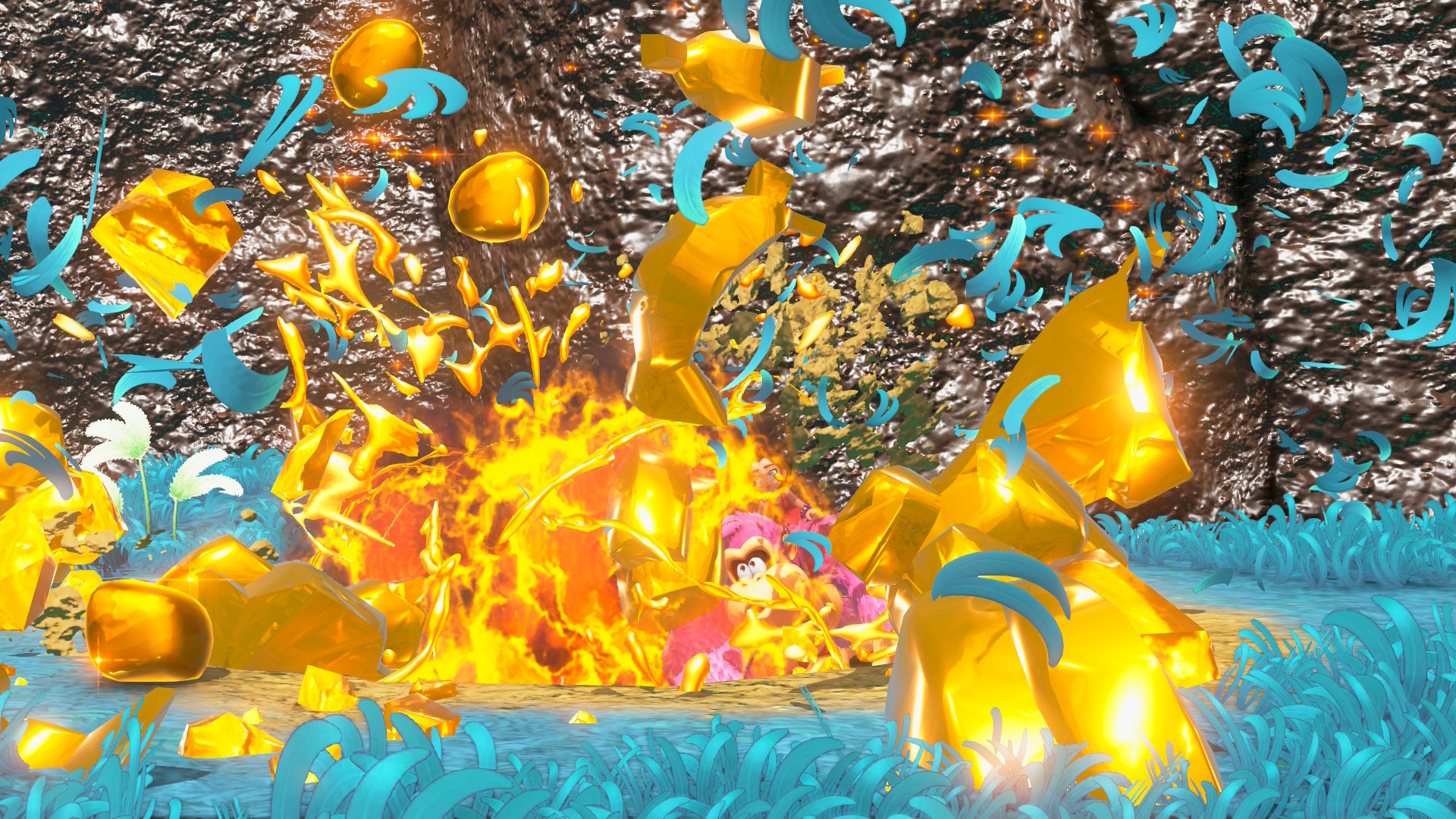 DK in Donkey Kong Bananza at the base of an eruption of gold DK in Donkey Kong Bananza at the base of an eruption of gold