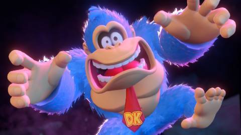 DK in Donkey Kong Bananza, looking startled with wide eyes, an open mouth, and arms spread wide
