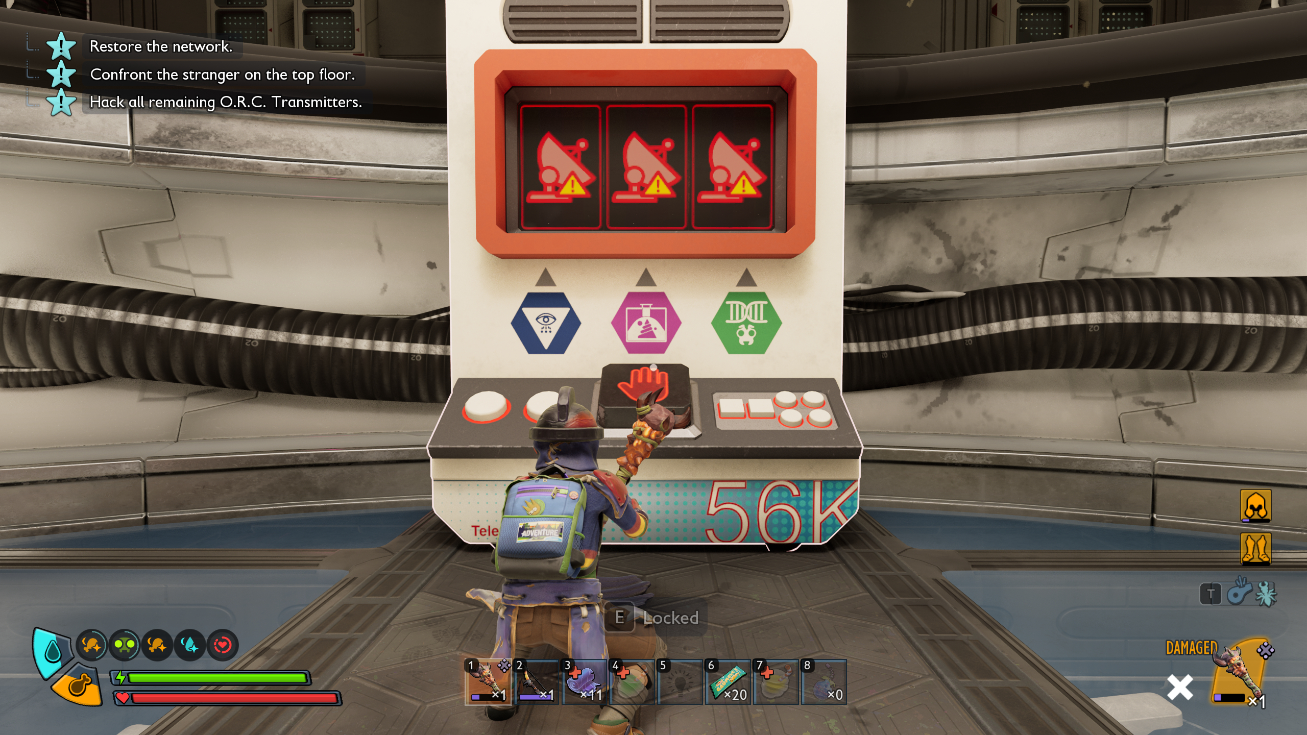 Grounded 2 Networking PSA: A character looking at a computer terminal with various colourful buttons and symbols.