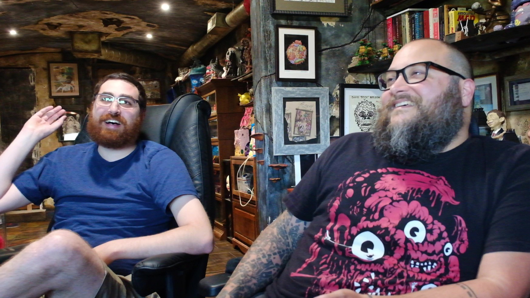 Edmund McMillen and Tyler Glaiel discussing Mewgenics in McMillen's office in 2025.