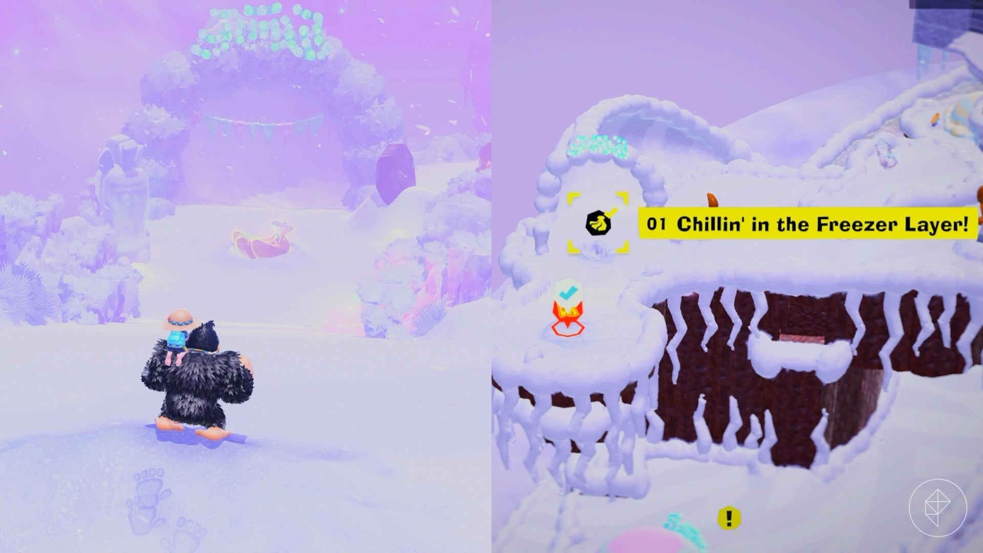 Donkey Kong stands in the snow while looking for Freezer layer bananas in a split image that shows Freezer banandium gem locations in Donkey Kong Bananza
