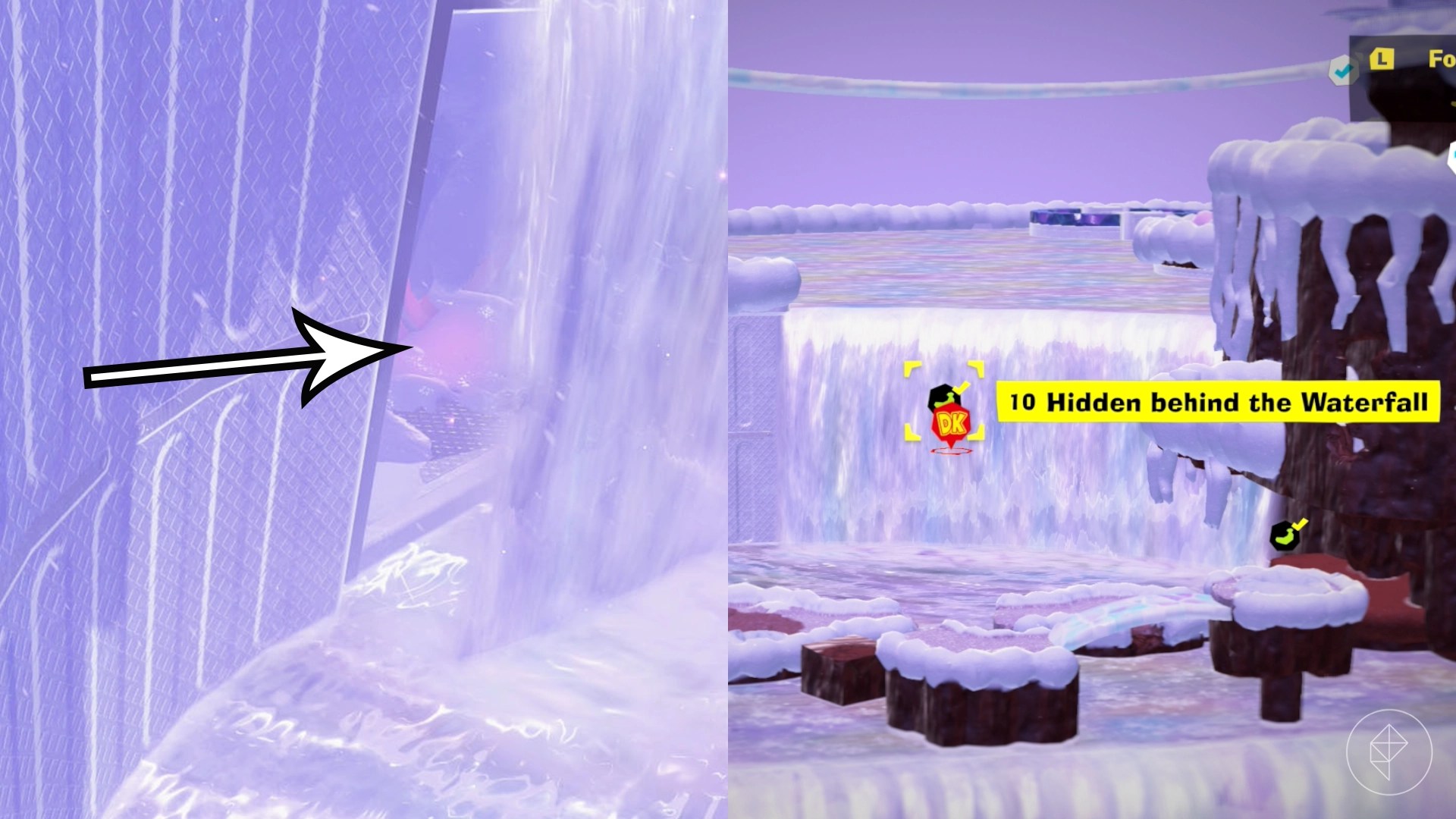 An arrow points toward a waterfall in a split image that shows Freezer banandium gem locations in Donkey Kong Bananza