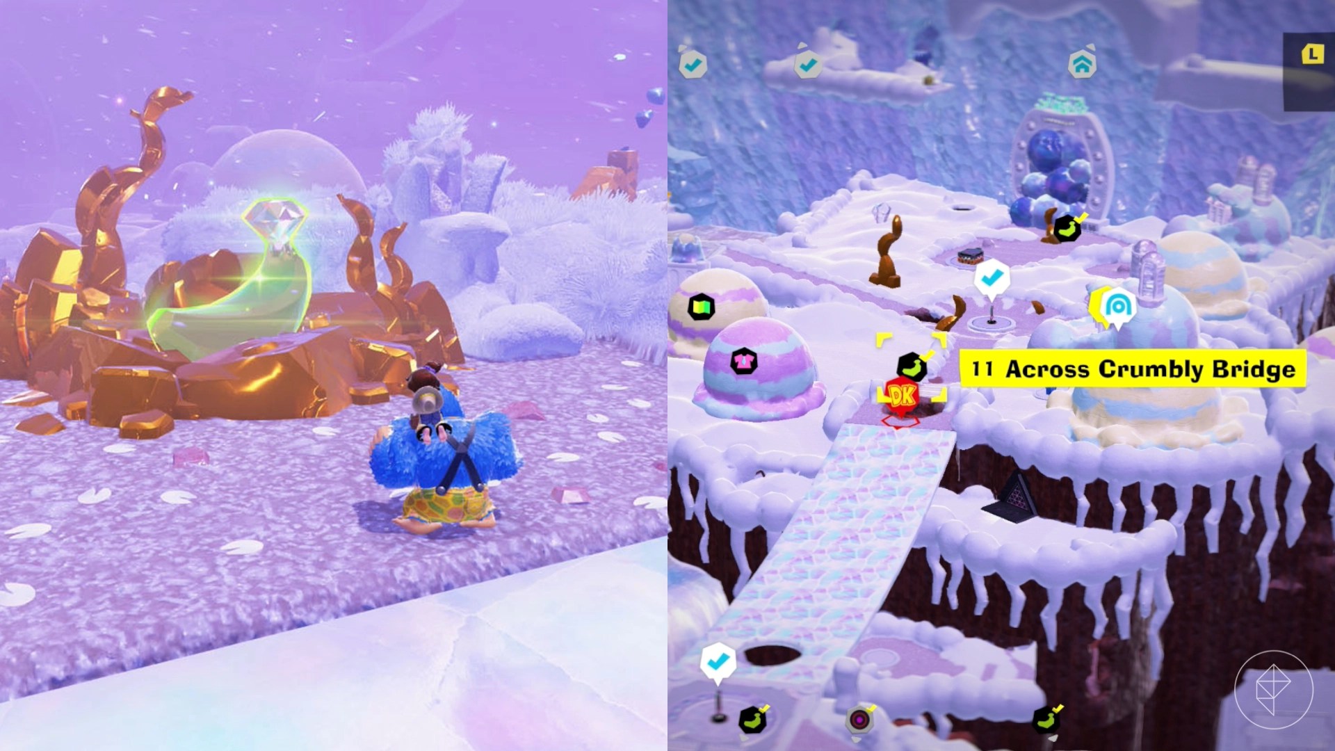 Donkey Kong stands next to a banana surrounded by gold while looking for Freezer layer bananas in a split image that shows Freezer banandium gem locations in Donkey Kong Bananza