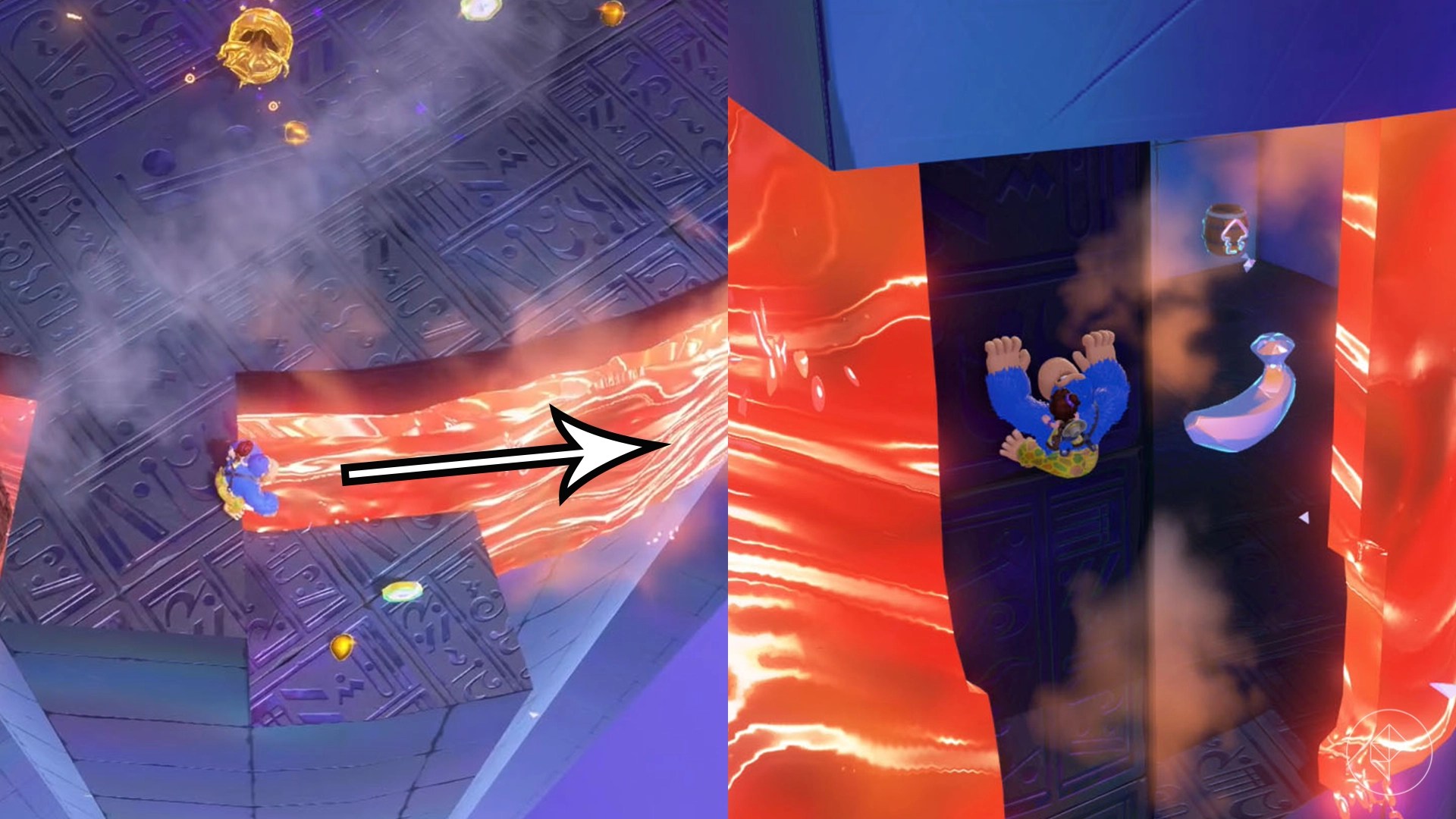 Donkey Kong stands on a precarious platform above lava in a split image that shows Freezer banandium gem locations in Donkey Kong Bananza
