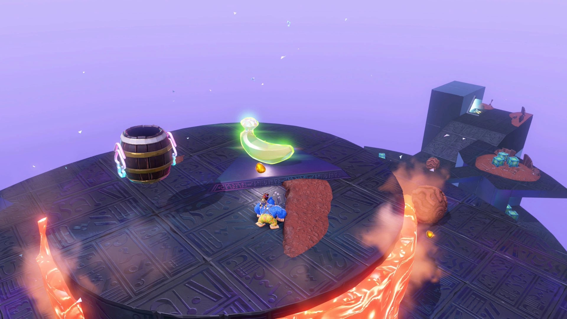 Donkey Kong walks toward a banana gem on a platform above lava in the Freezer layer in Donkey Kong Bananza