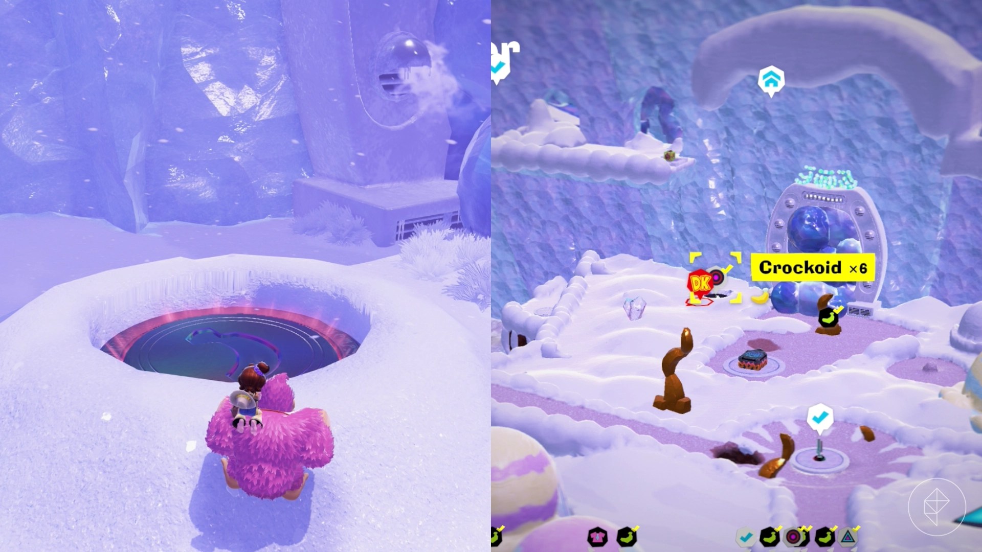 Donkey Kong stands in front of a portal in the snow while looking for Freezer layer bananas in a split image map that shows Freezer banandium gem locations in Donkey Kong Bananza