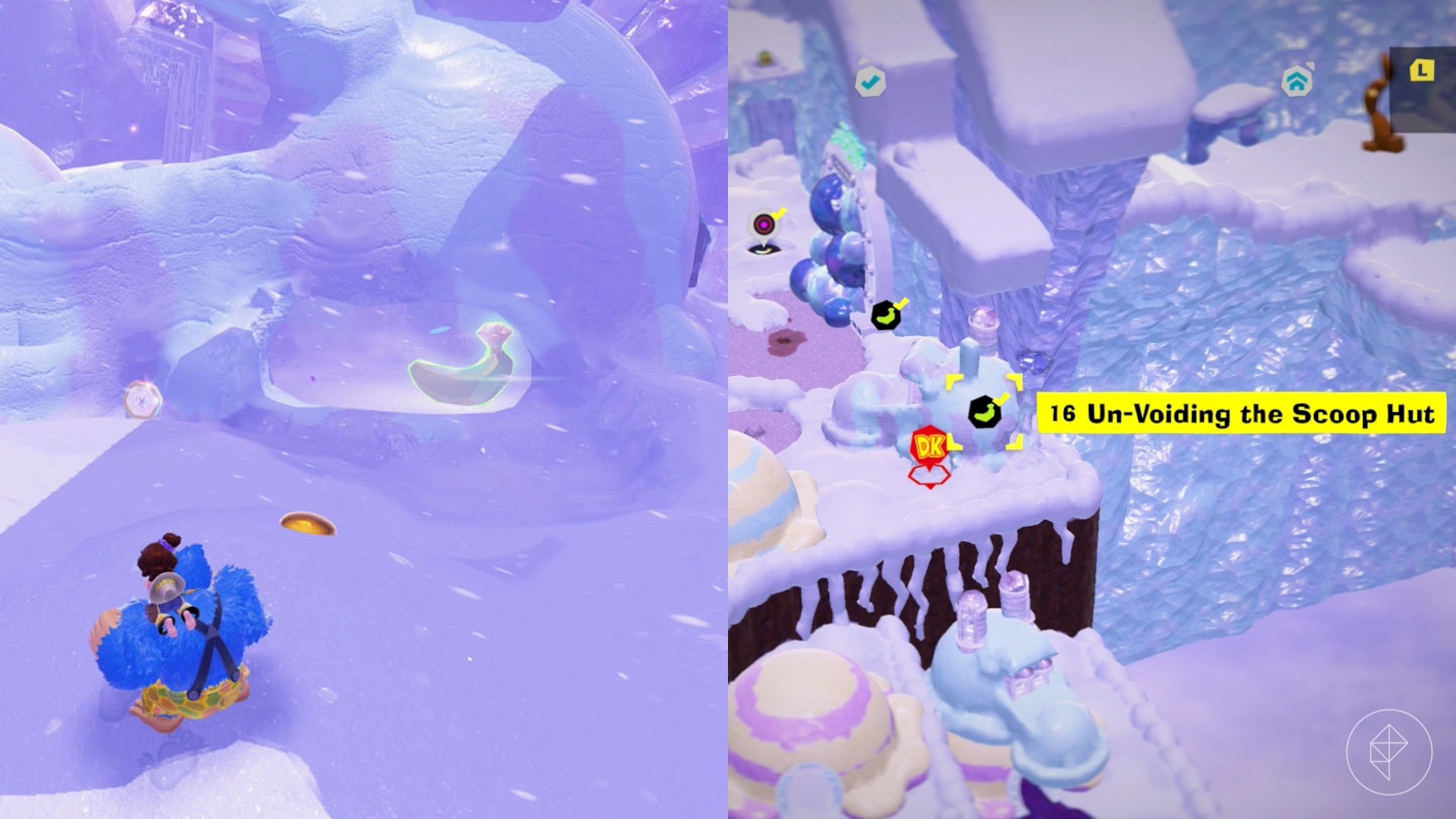 Donkey Kong stands in front of a banana encased in snow while looking for Freezer layer bananas in a split image map that shows Freezer banandium gem locations in Donkey Kong Bananza