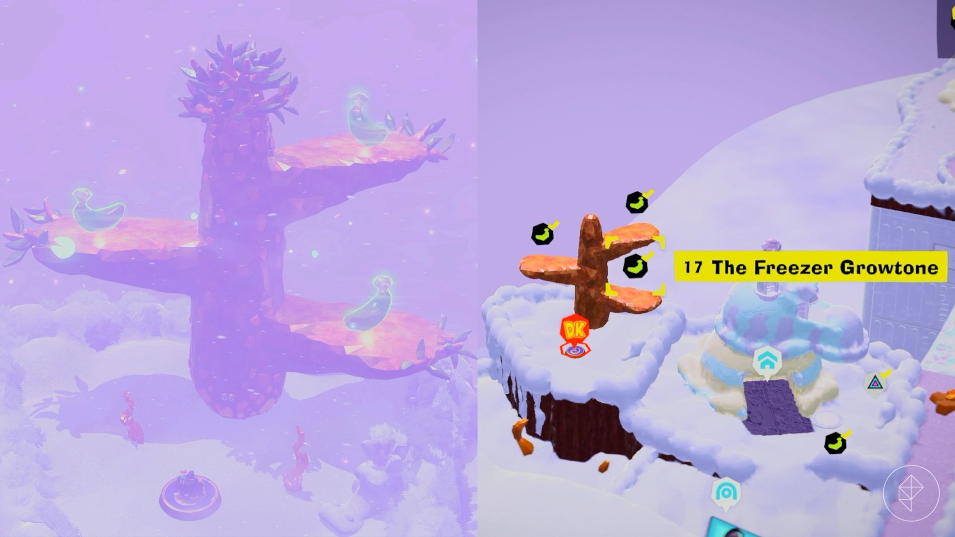 The Growtone grows tall in the snow in the Freezer Layer in Donkey Kong Bananza