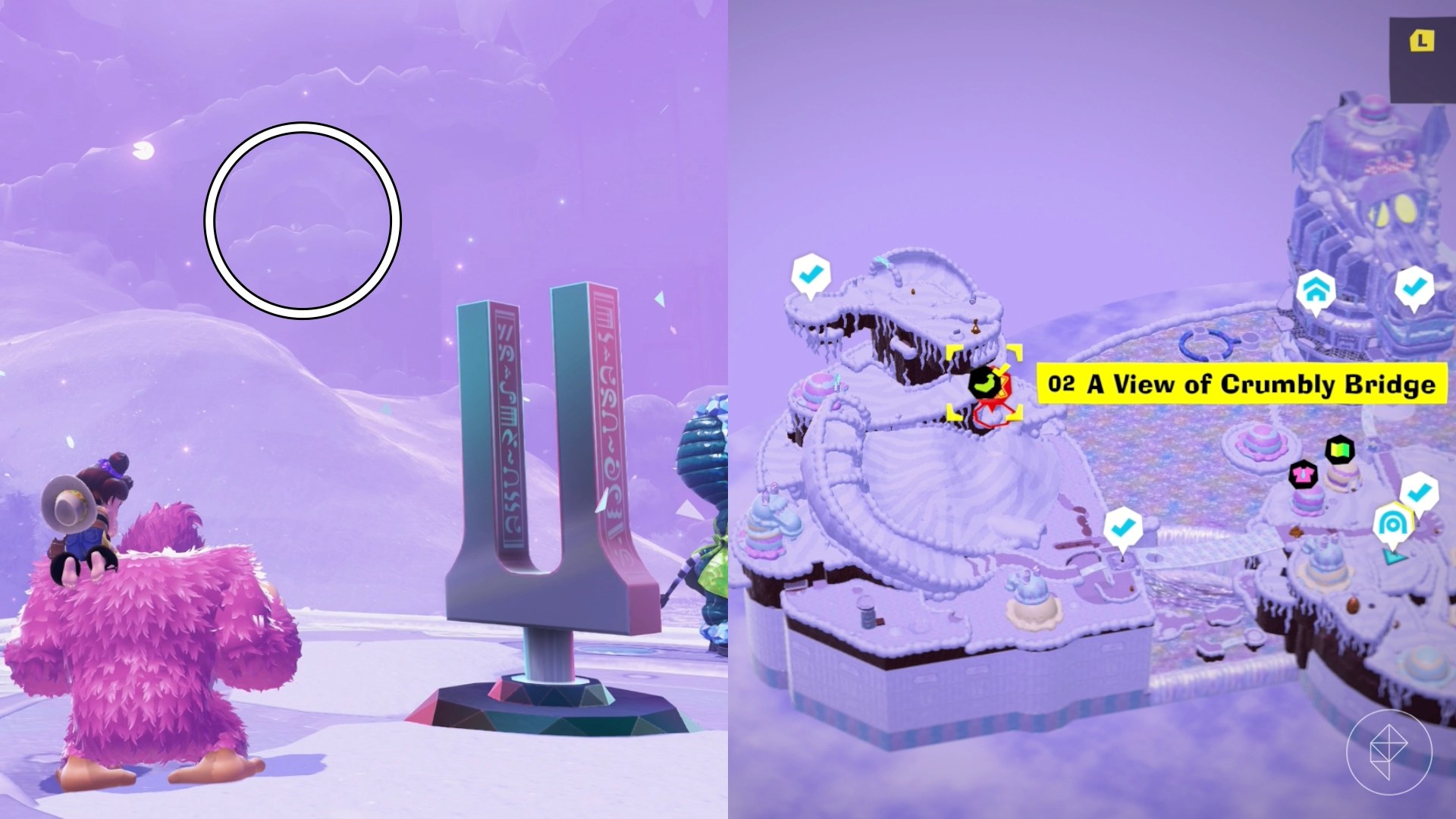 Donkey Kong stands in front of a tuning fork while looking for Freezer layer bananas in a split image that shows Freezer banandium gem locations in Donkey Kong Bananza