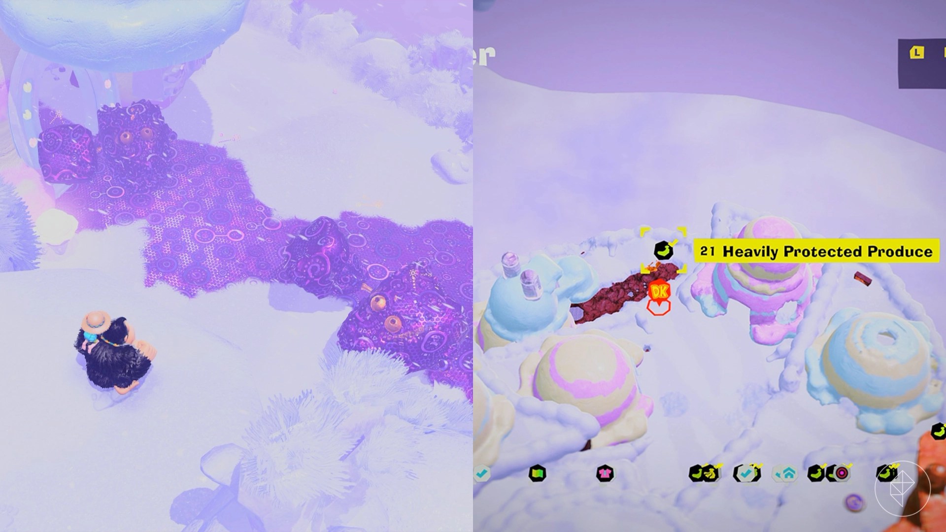 Donkey Kong looks at void covering switches in the snow while looking for Freezer layer bananas in a split image map that shows Freezer banandium gem locations in Donkey Kong Bananza