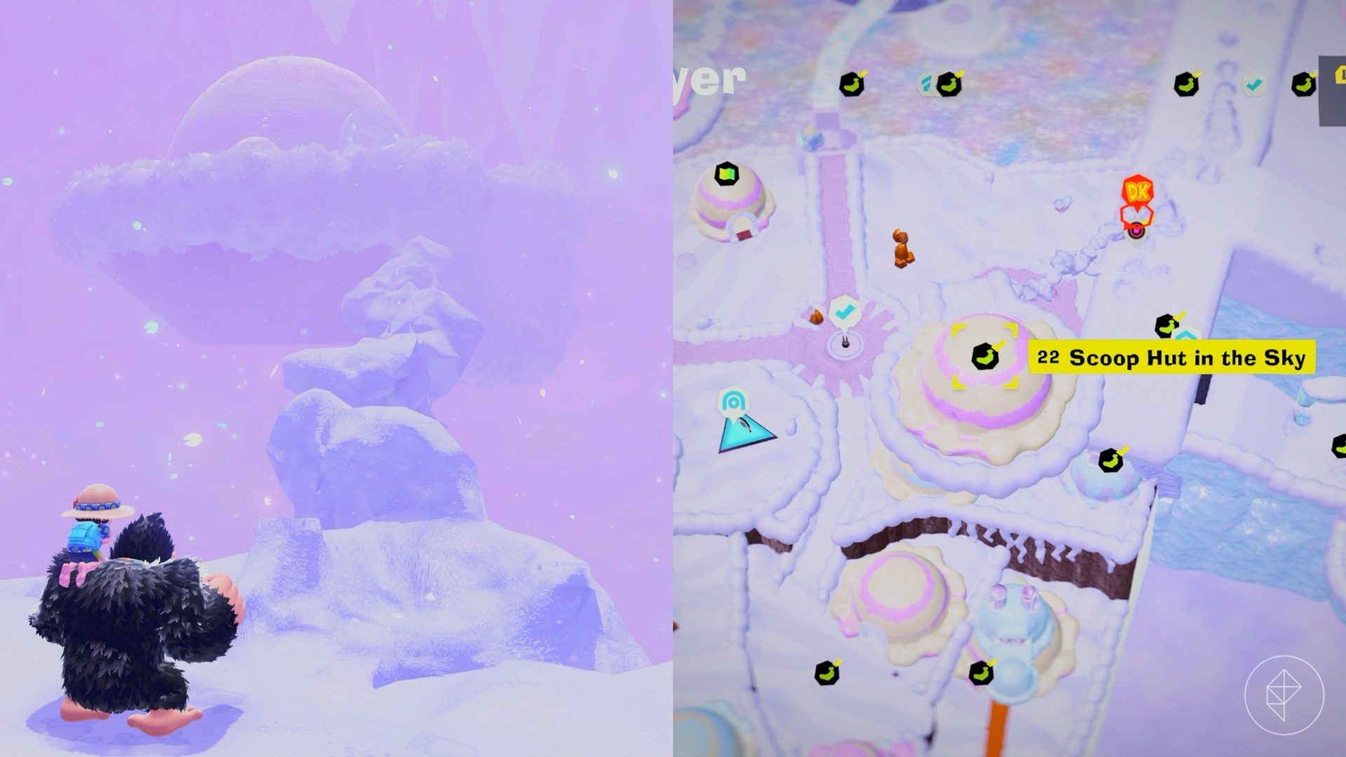 Donkey Kong looks at a giant pillar of snow while looking for Freezer layer bananas in a split image map that shows Freezer banandium gem locations in Donkey Kong Bananza