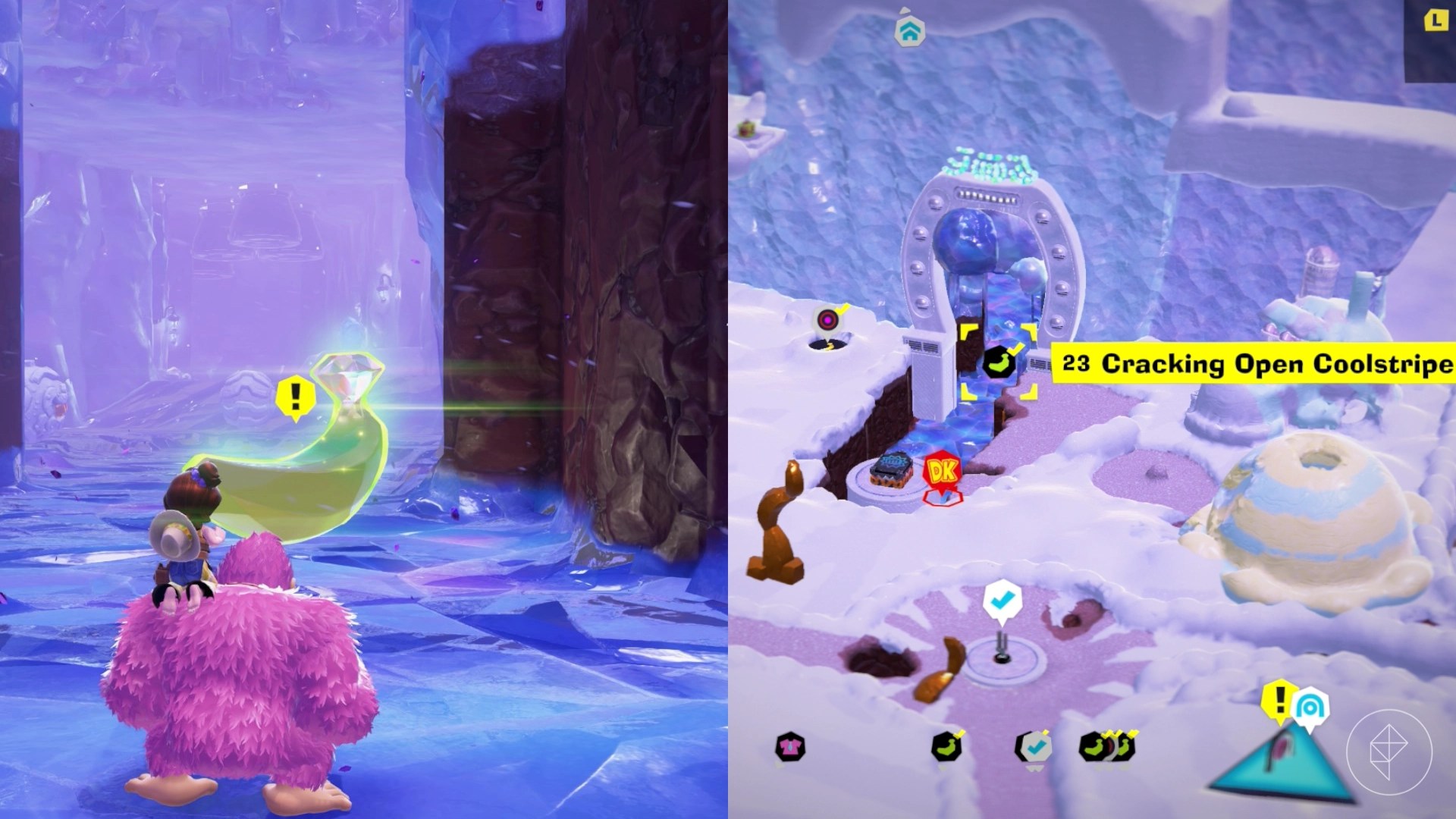 Donkey Kong stands in front of a banana on a frozen river between cliffs and a sluice while looking for Freezer layer bananas in a split image map that shows Freezer banandium gem locations in Donkey Kong Bananza