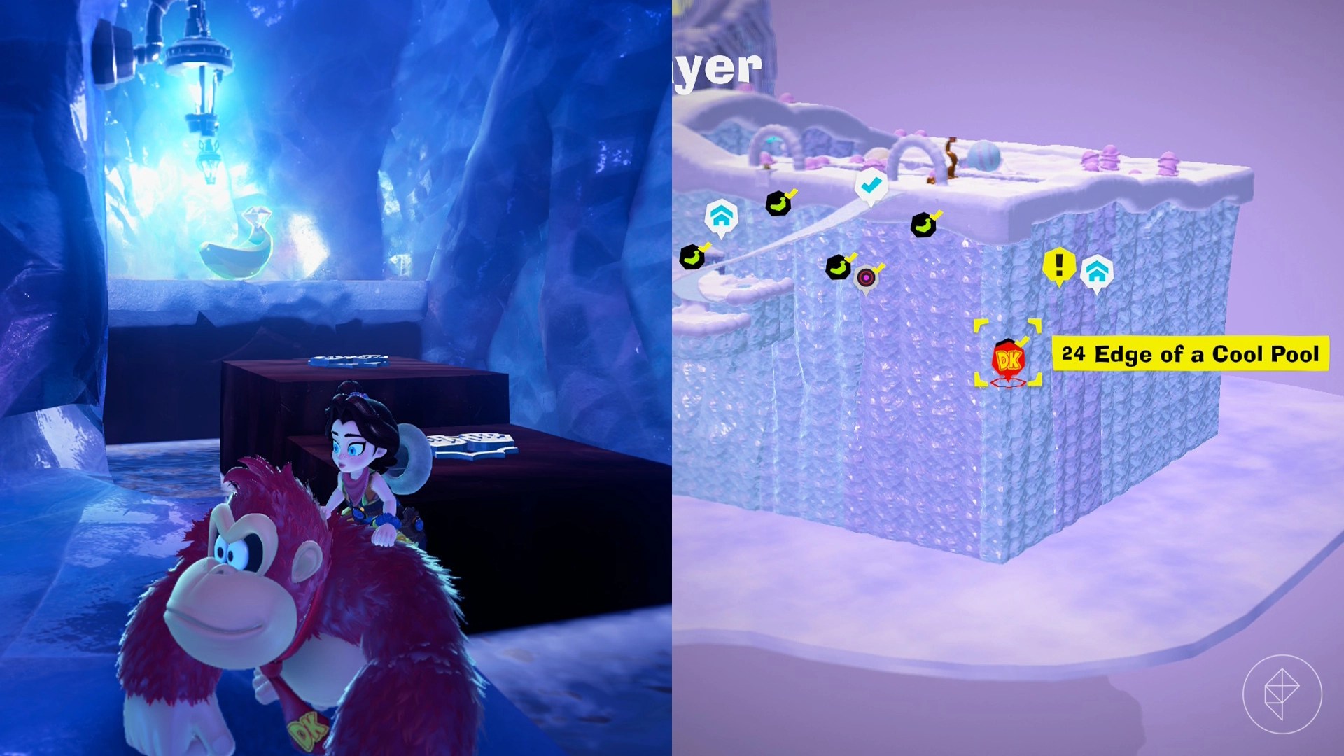 Donkey Kong stands in a frozen cave with stone platforms in front of a banana gem while looking for Freezer layer bananas in a split image map that shows Freezer banandium gem locations in Donkey Kong Bananza