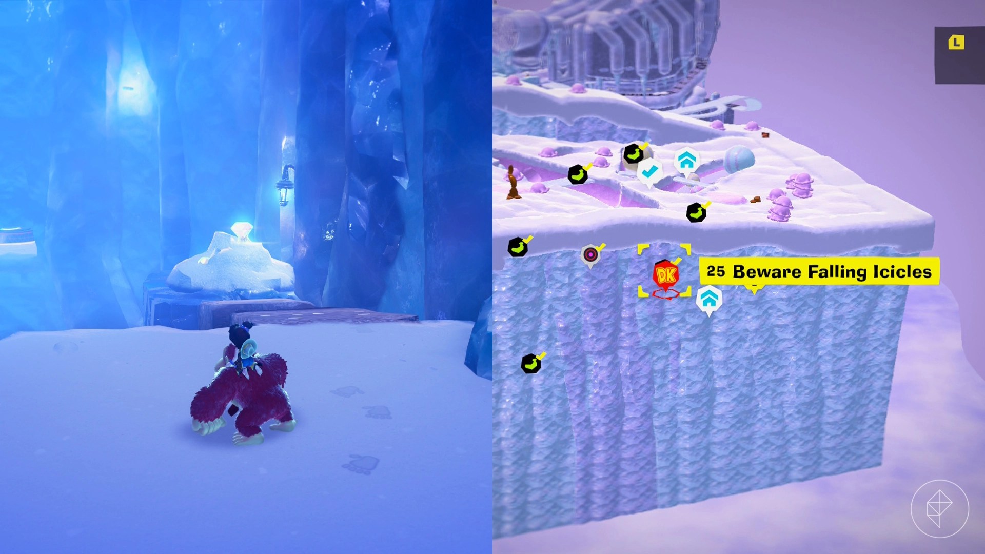 Donkey Kong stands in the snow near cliffs and stone platforms while looking for Freezer layer bananas in a split image map that shows Freezer banandium gem locations in Donkey Kong Bananza