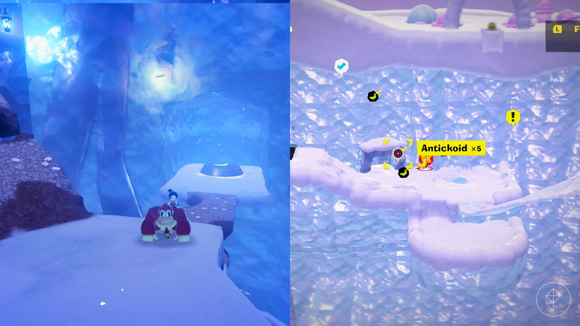 Donkey Kong stands in the snow near cliffs and stone platforms while looking for Freezer layer bananas in a split image map that shows Freezer banandium gem locations in Donkey Kong Bananza