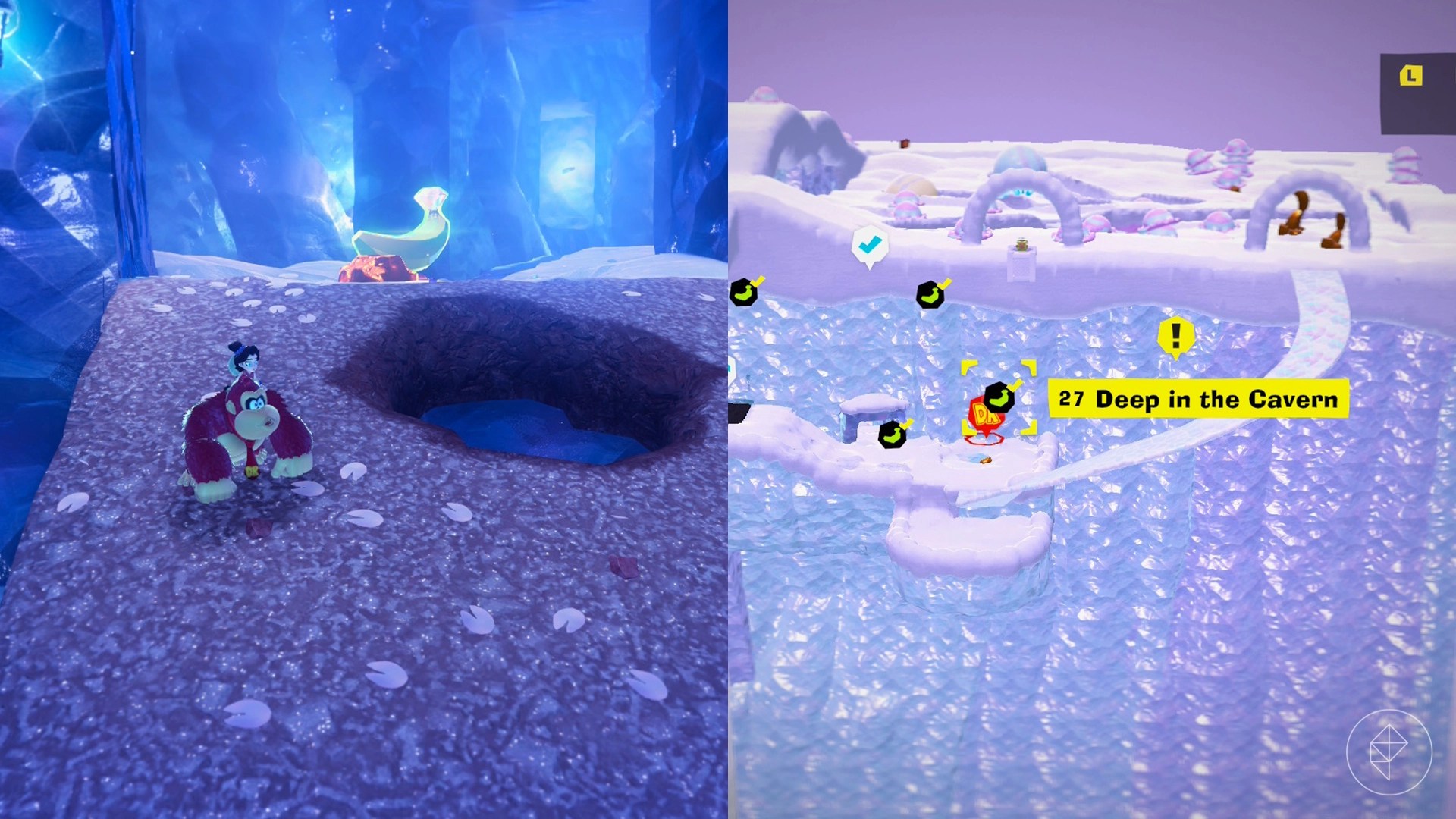 Donkey Kong stands next to a giant hole in frozen ground while looking for Freezer layer bananas in a split image map that shows Freezer banandium gem locations in Donkey Kong Bananza