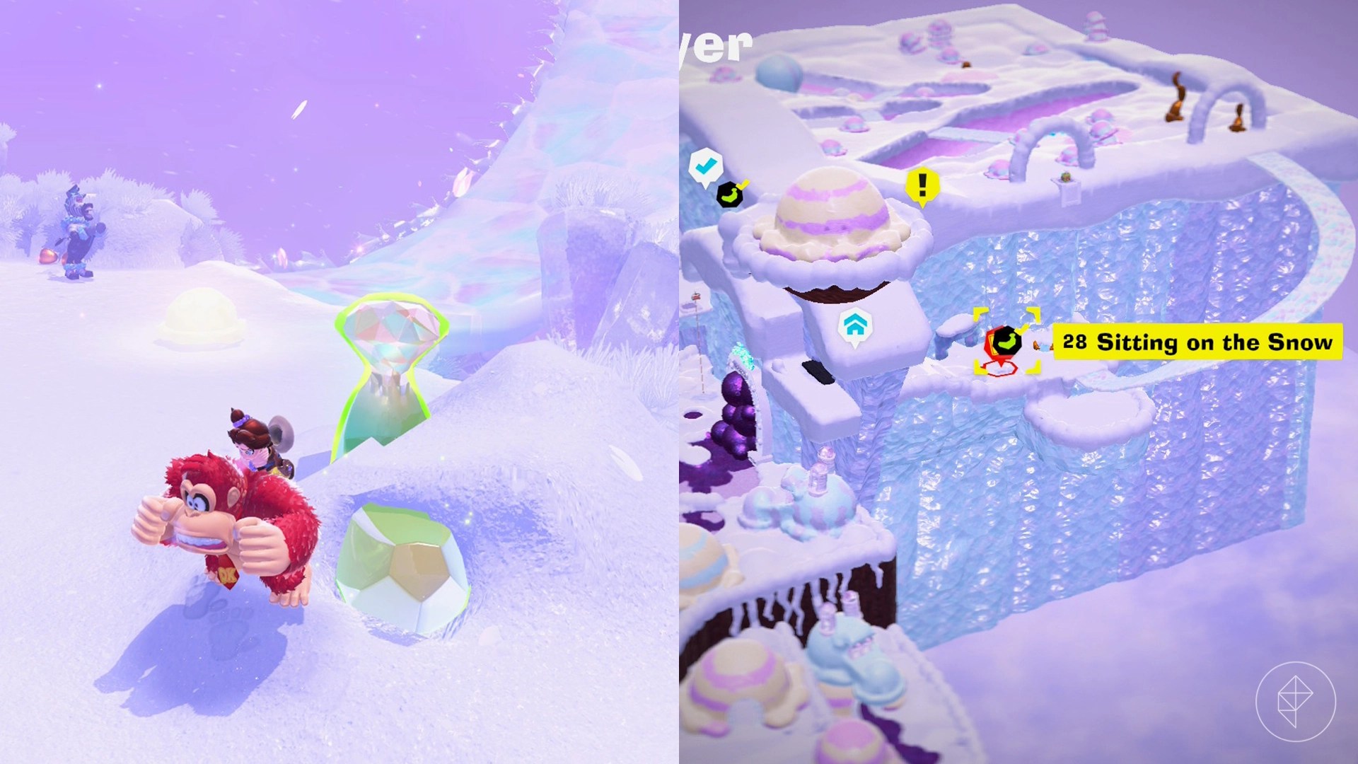 Donkey Kong stands next to a banana buried in the snow while looking for Freezer layer bananas in a split image map that shows Freezer banandium gem locations in Donkey Kong Bananza