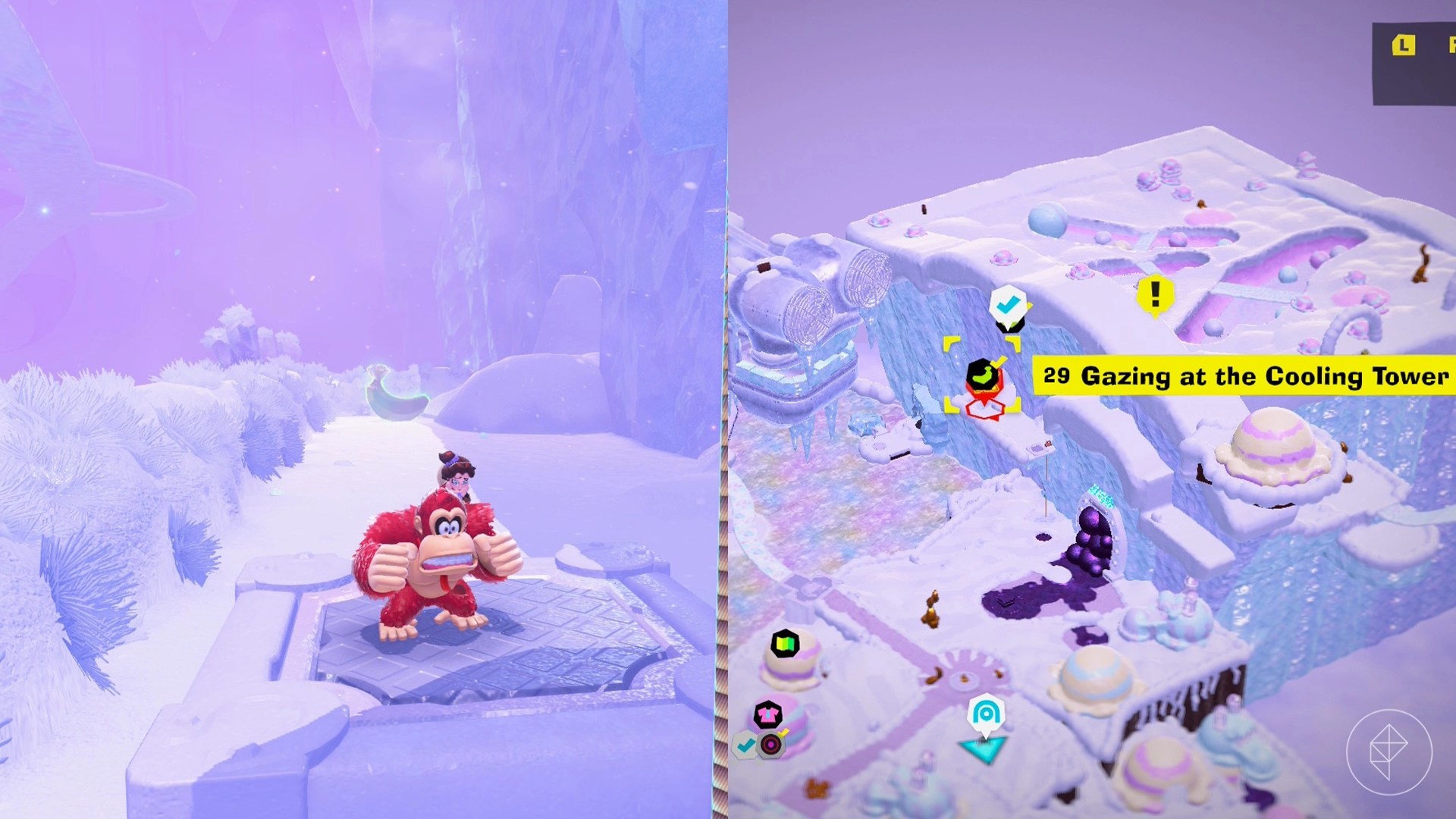 Donkey Kong stands on a metal grate in the snow while looking for Freezer layer bananas in a split image map that shows Freezer banandium gem locations in Donkey Kong Bananza